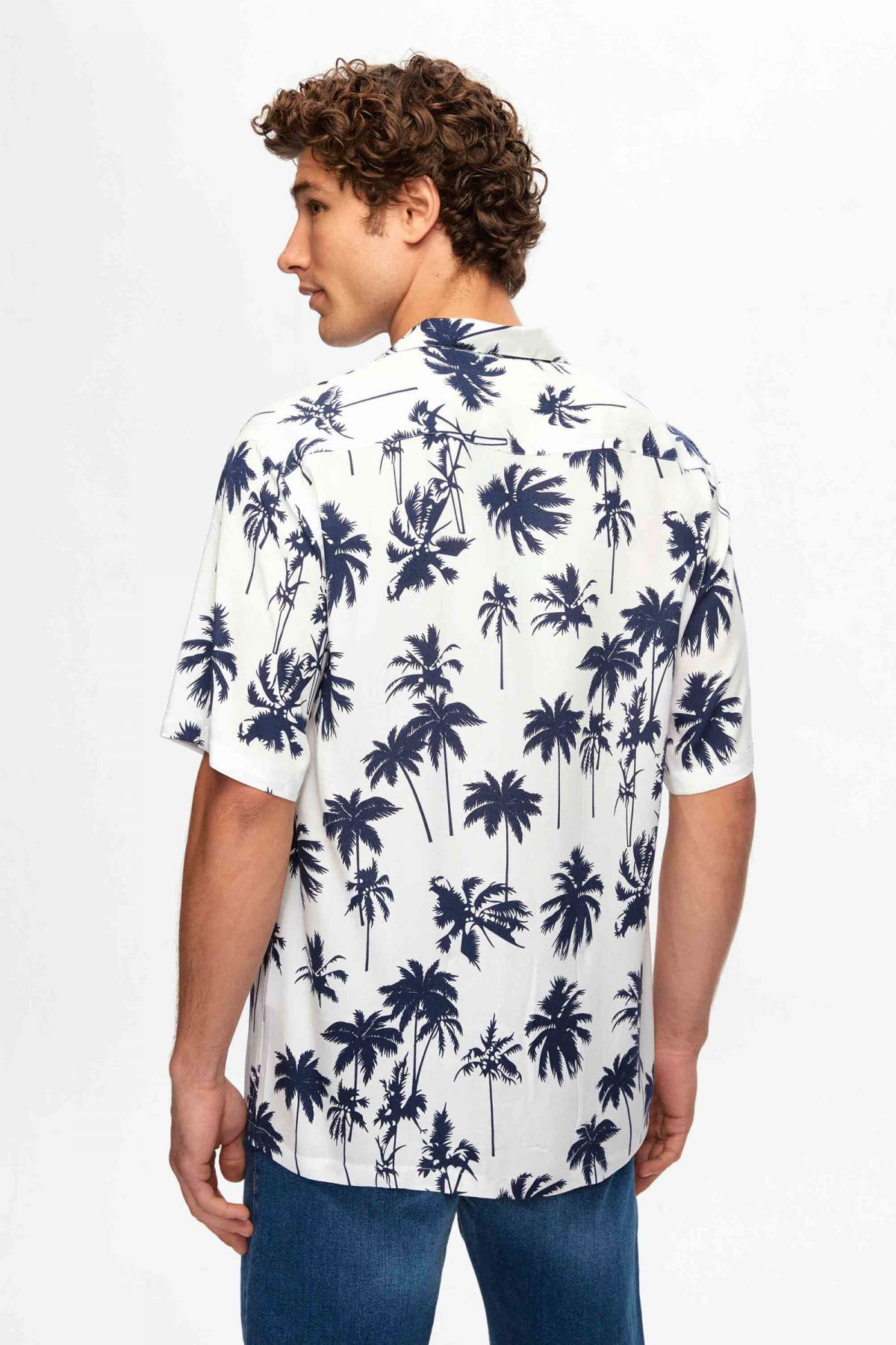 Ds Damat Relaxed Printed Palm Pattern Short Sleeve Summer Viscose Shirt  - White