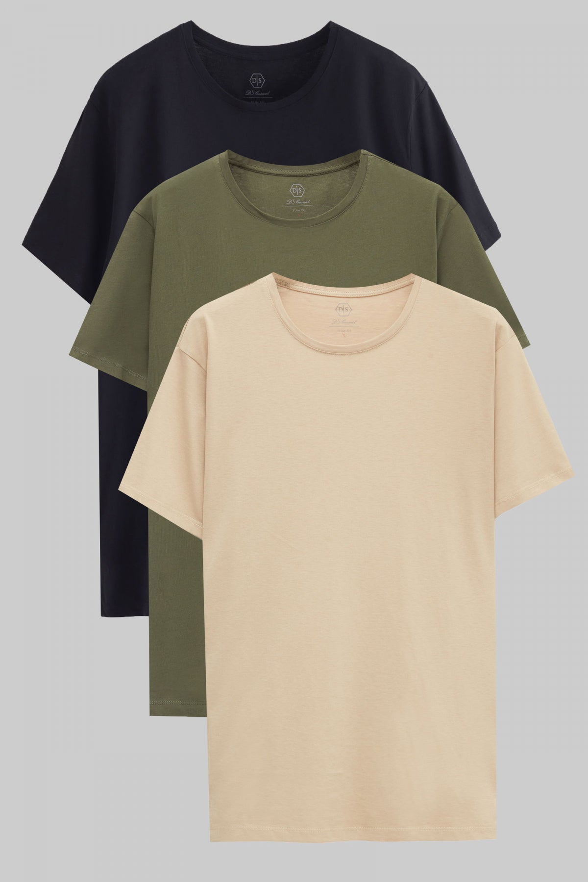 Ds Damat Slim Fit 3-Pack T-Shirts  - Navy Blue/Khaki/Beige