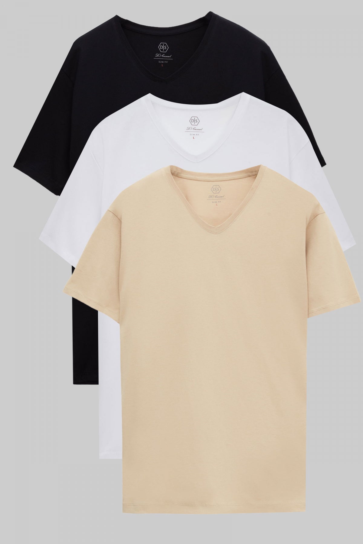 Ds Damat Slim Fit 3-Pack V-Neck T-Shirts  - Black/White/Beige