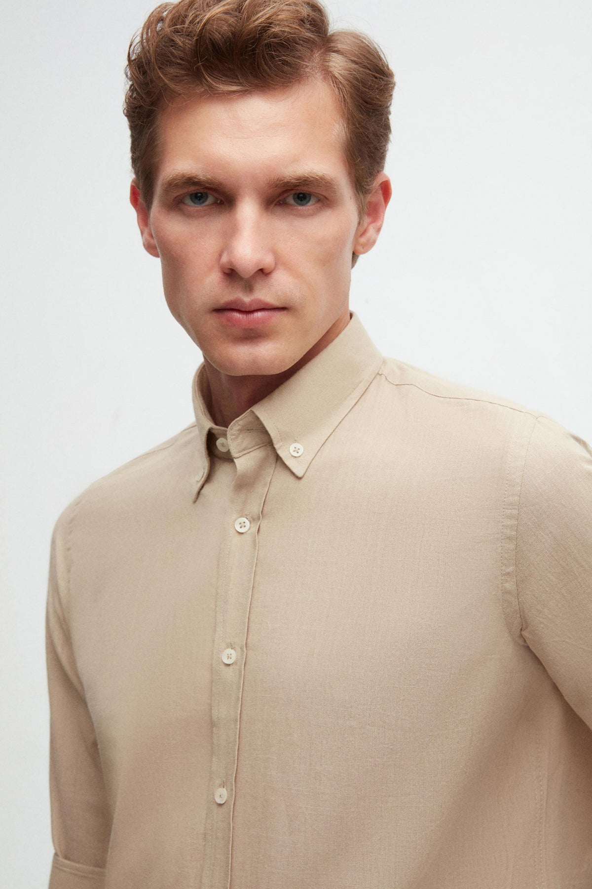 Ds Damat Slim Fit Button-Down 100% Cotton Summer Linen-Look Shirt  - Beige