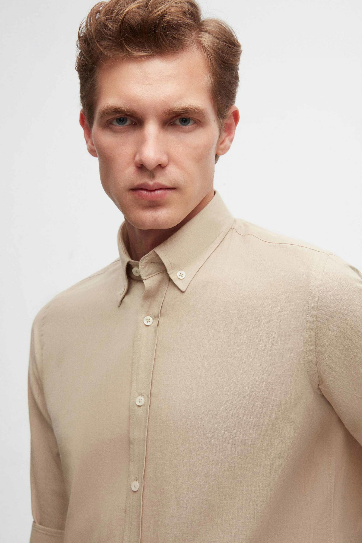 Ds Damat Slim Fit Button-Down 100% Cotton Summer Linen-Look Shirt  - Beige