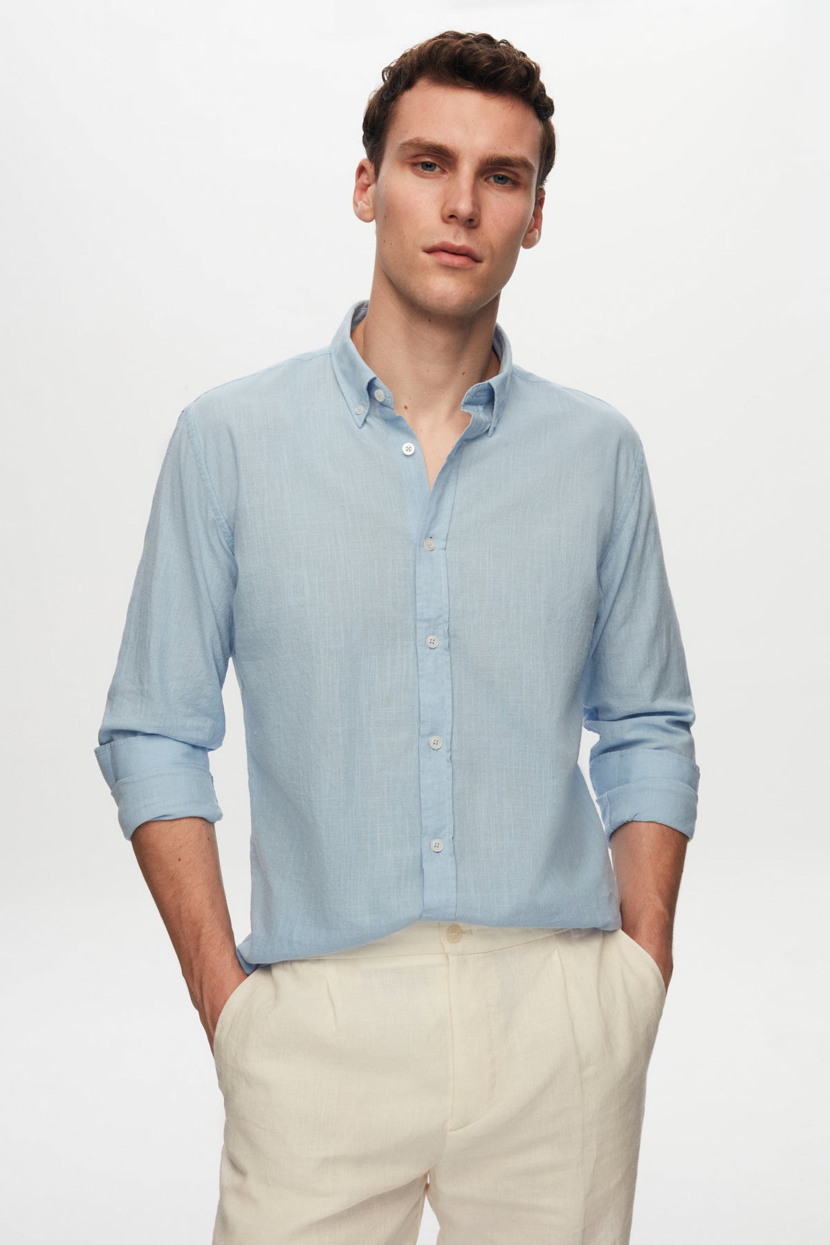 Ds Damat Slim Fit Button-Down 100% Cotton Summer Linen-Look Shirt  - Blue