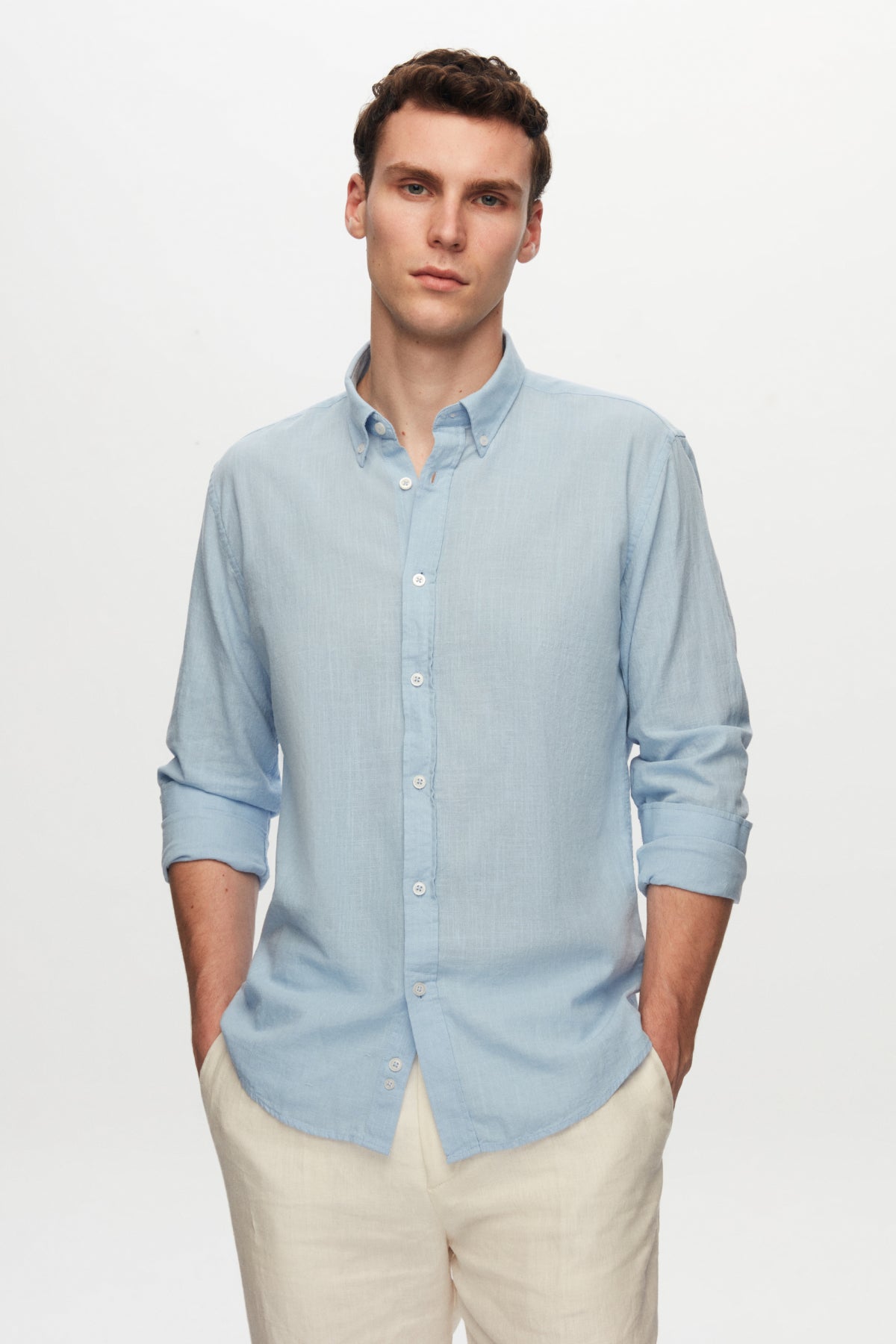 Ds Damat Slim Fit Button-Down 100% Cotton Summer Linen-Look Shirt  - Blue