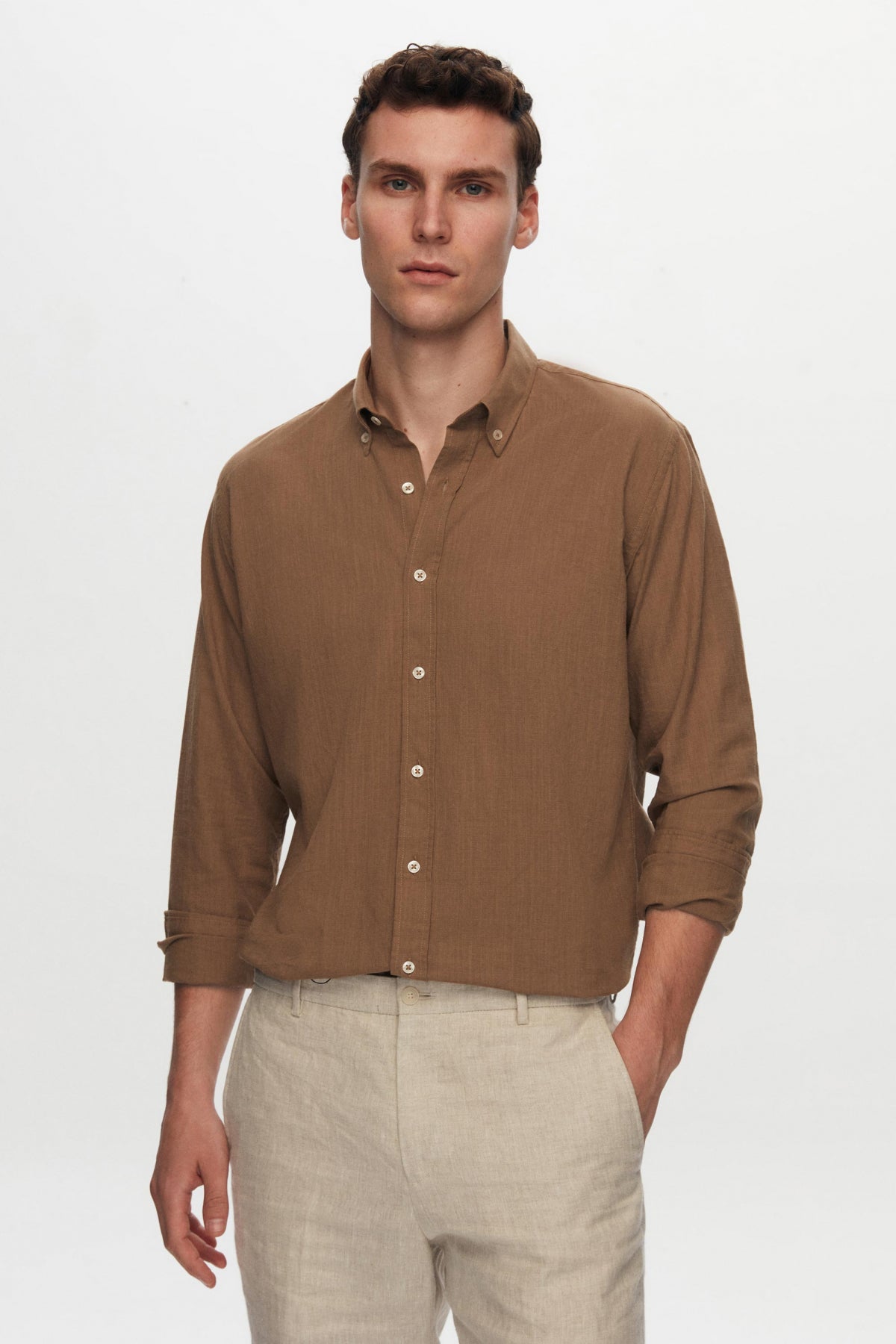 Ds Damat Slim Fit Button-Down 100% Cotton Summer Linen-Look Shirt  - Brown