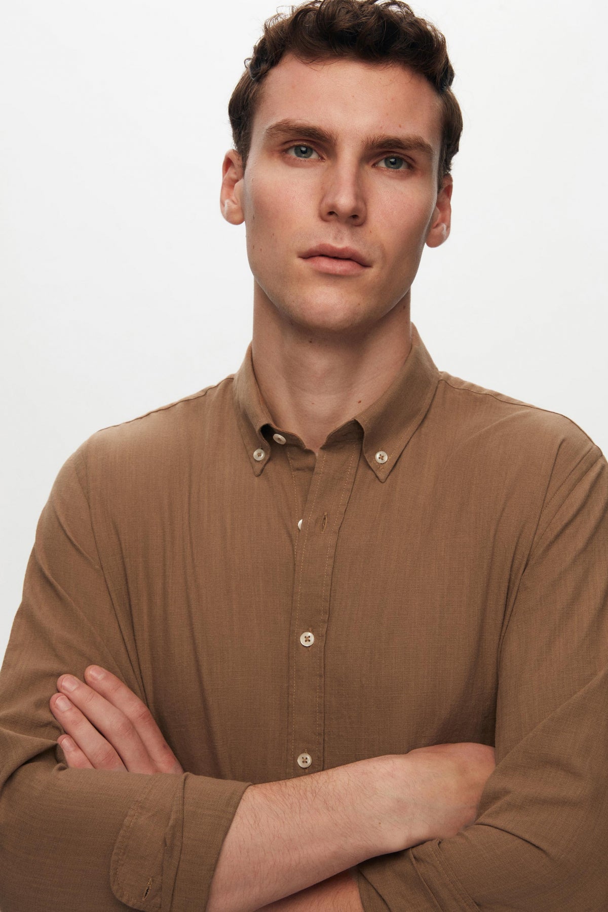 Ds Damat Slim Fit Button-Down 100% Cotton Summer Linen-Look Shirt  - Brown