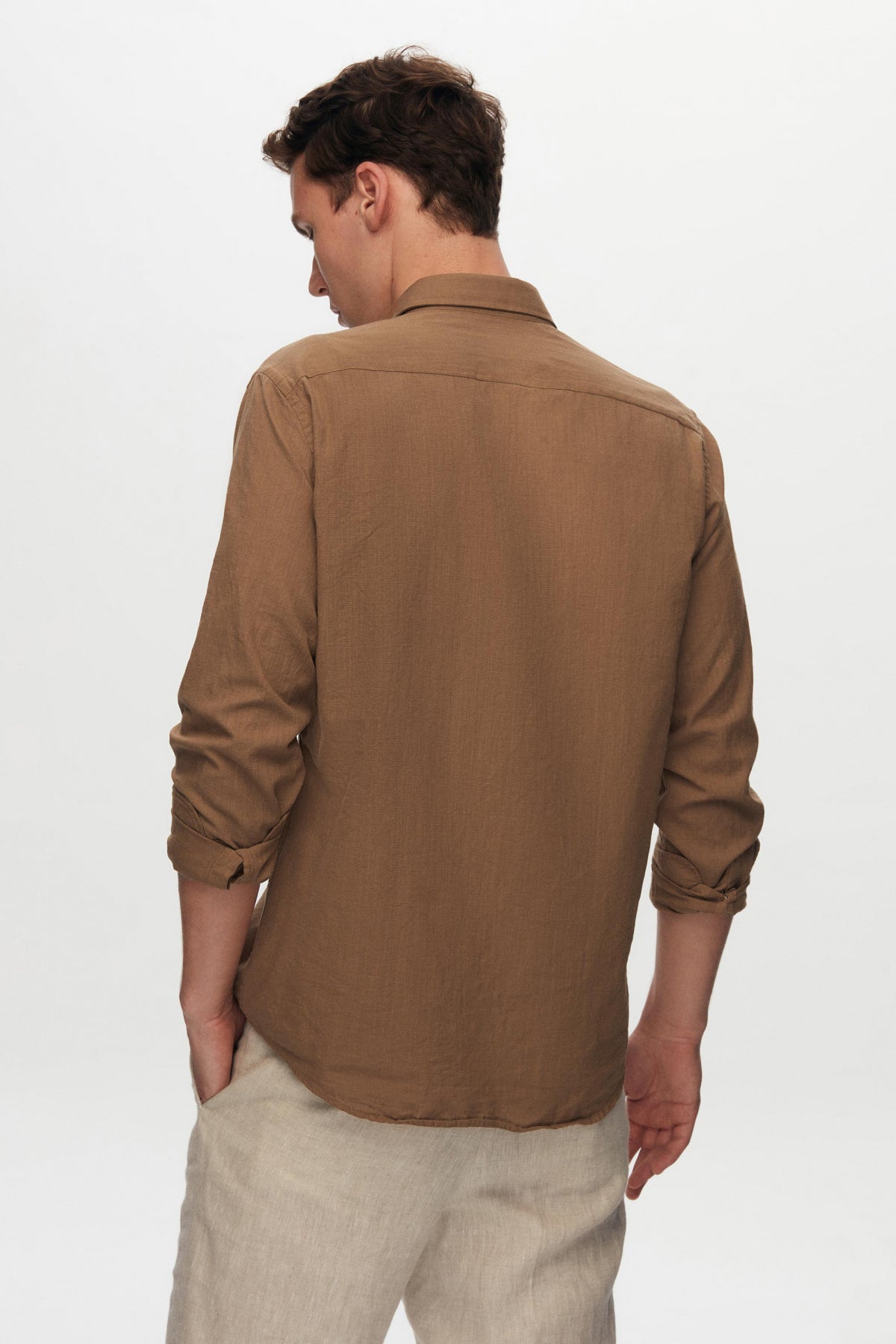 Ds Damat Slim Fit Button-Down 100% Cotton Summer Linen-Look Shirt  - Brown