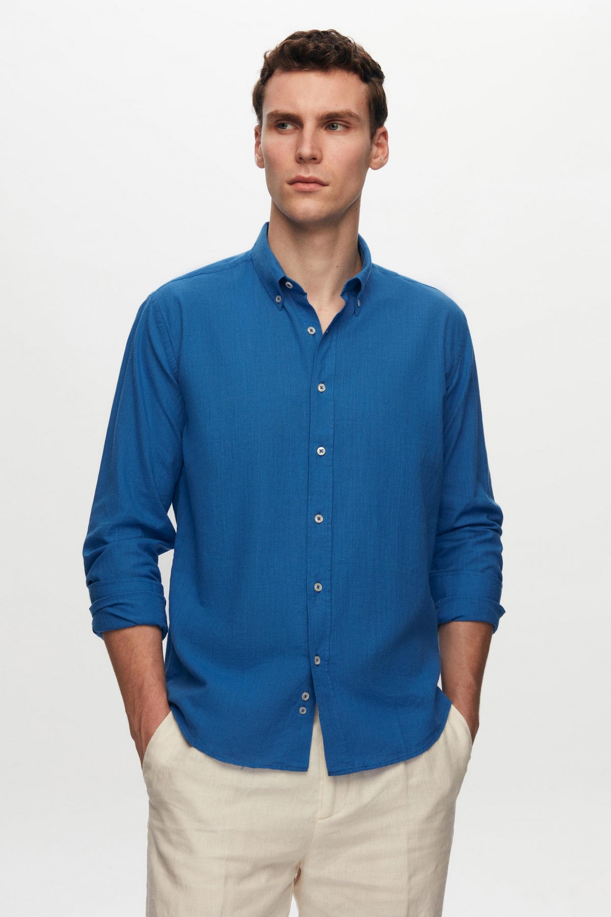 Ds Damat Slim Fit Button-Down 100% Cotton Summer Linen-Look Shirt  - Cobalt Blue