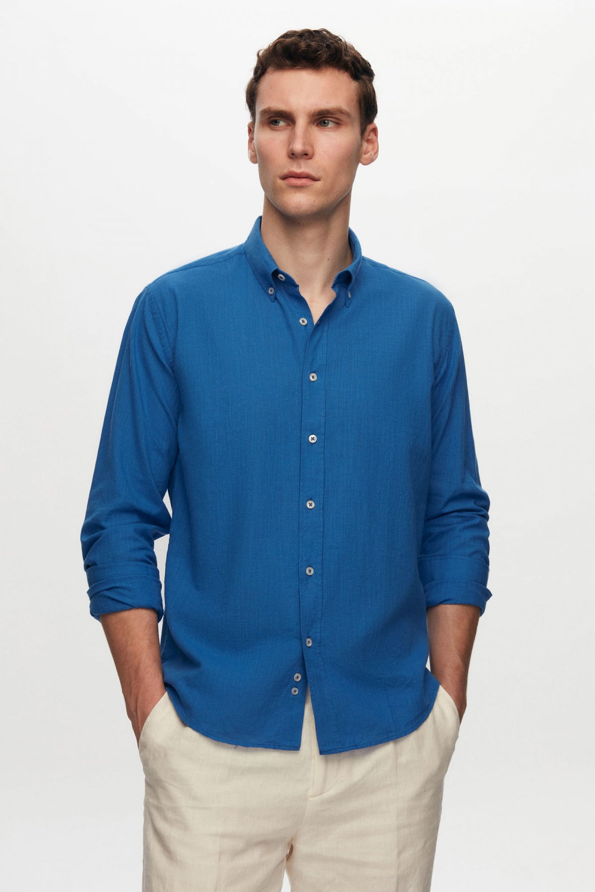 Ds Damat Slim Fit Button-Down 100% Cotton Summer Linen-Look Shirt  - Cobalt Blue