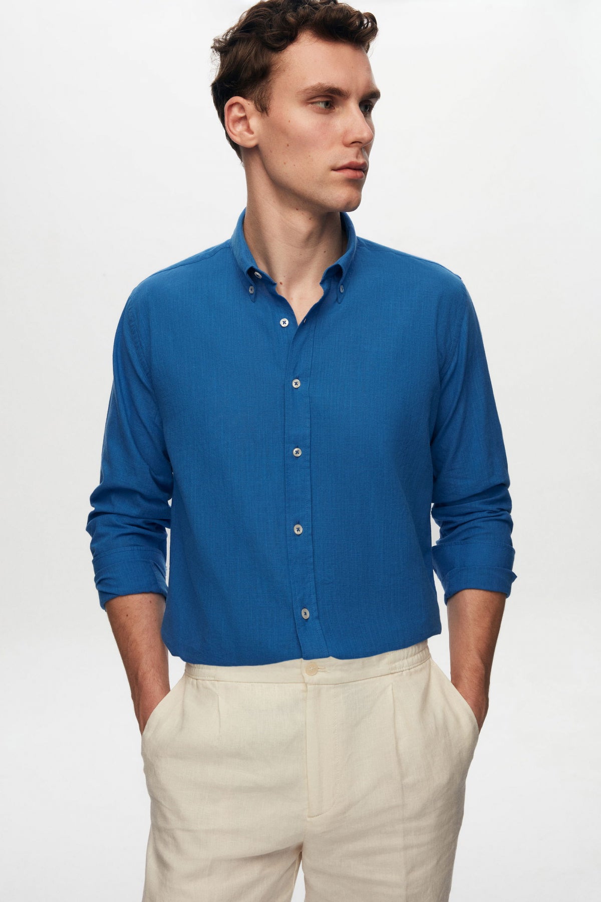 Ds Damat Slim Fit Button-Down 100% Cotton Summer Linen-Look Shirt  - Cobalt Blue