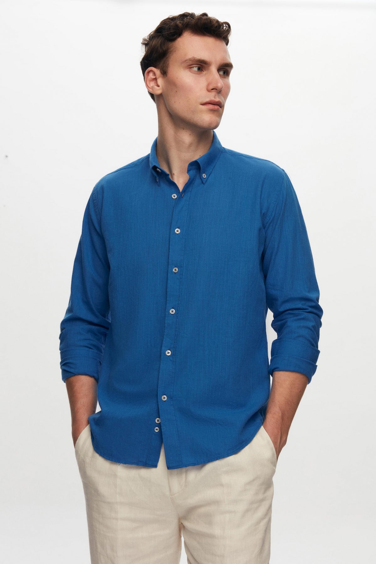 Ds Damat Slim Fit Button-Down 100% Cotton Summer Linen-Look Shirt  - Cobalt Blue