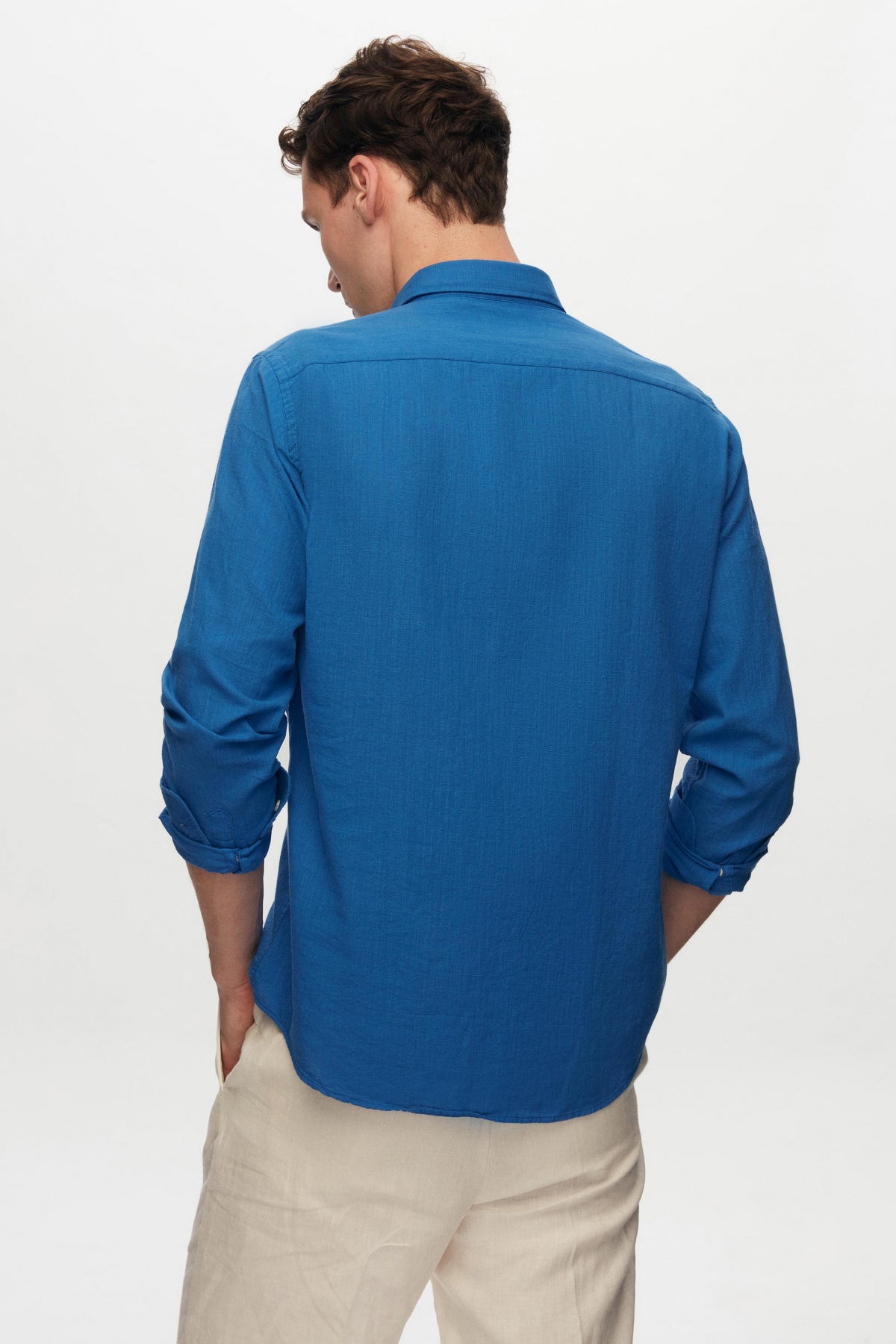 Ds Damat Slim Fit Button-Down 100% Cotton Summer Linen-Look Shirt  - Cobalt Blue