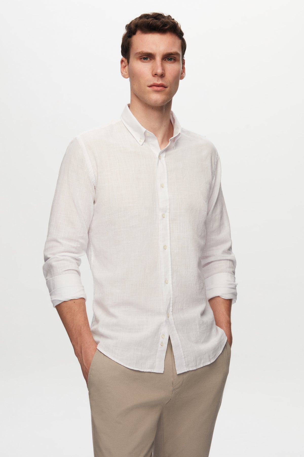Ds Damat Slim Fit Button-Down 100% Cotton Summer Linen-Look Shirt  - Ecru