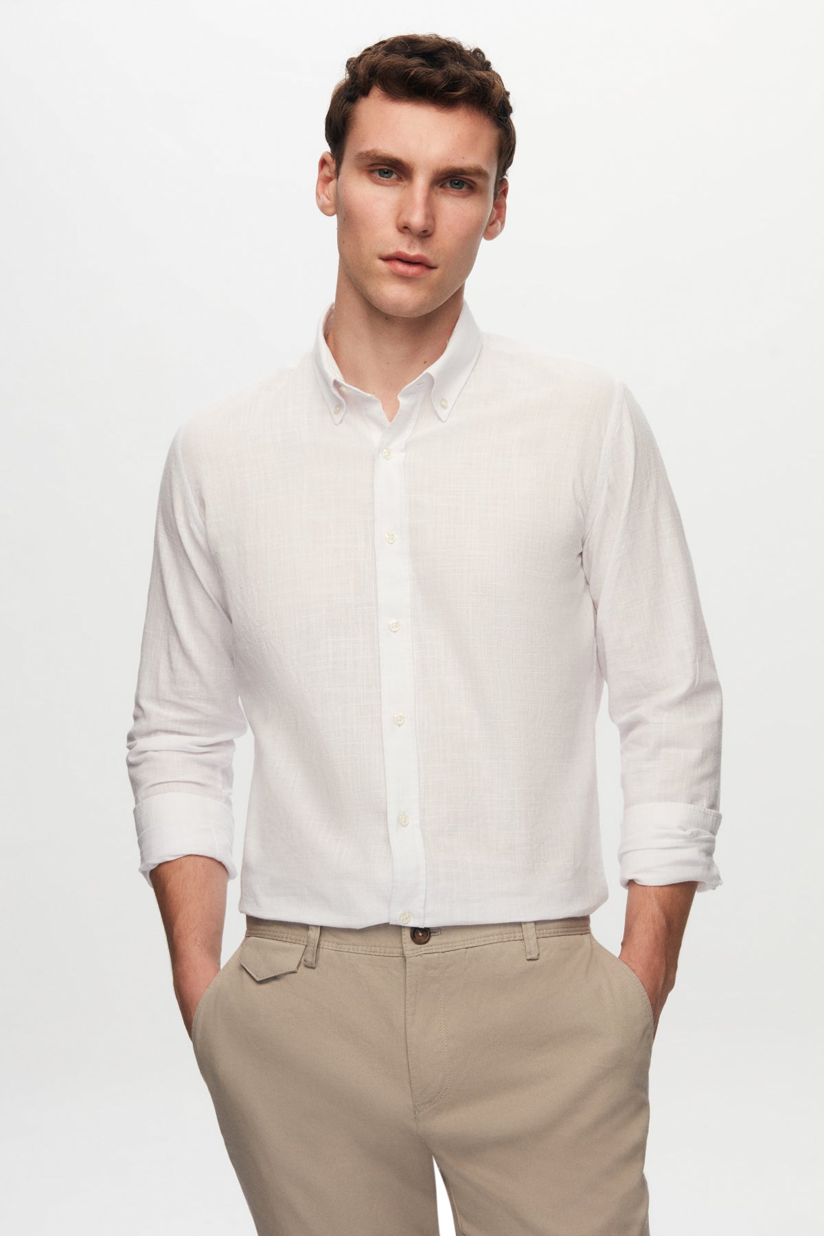 Ds Damat Slim Fit Button-Down 100% Cotton Summer Linen-Look Shirt  - Ecru