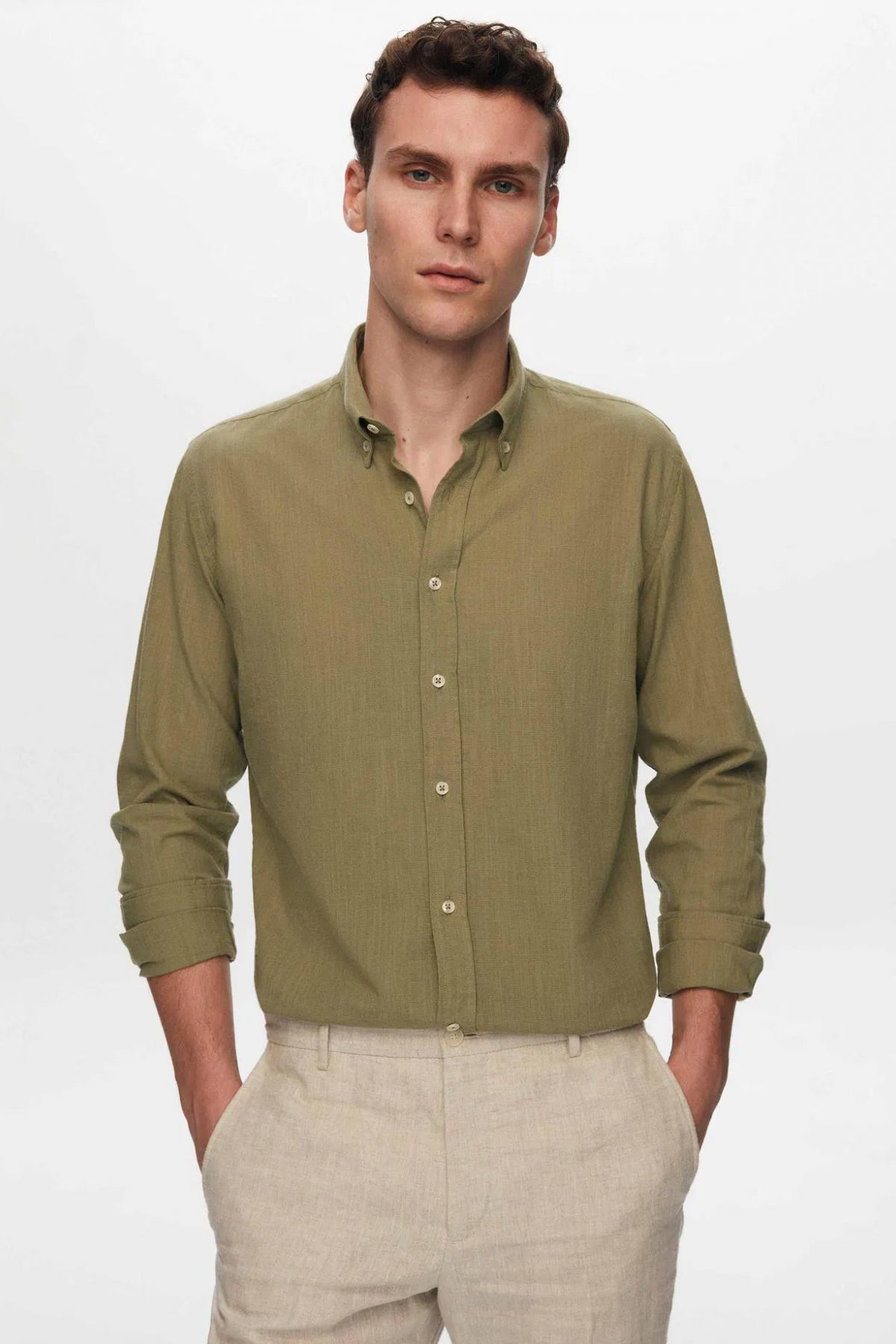 Ds Damat Slim Fit Button-Down 100% Cotton Summer Linen-Look Shirt  - Green