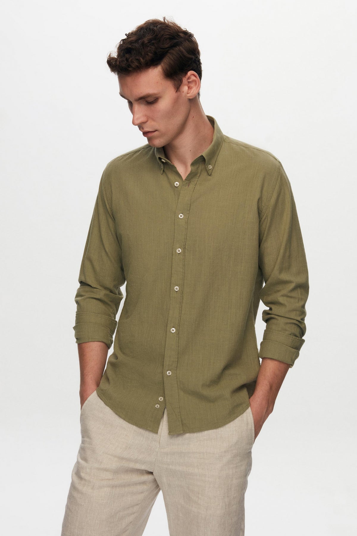 Ds Damat Slim Fit Button-Down 100% Cotton Summer Linen-Look Shirt  - Green