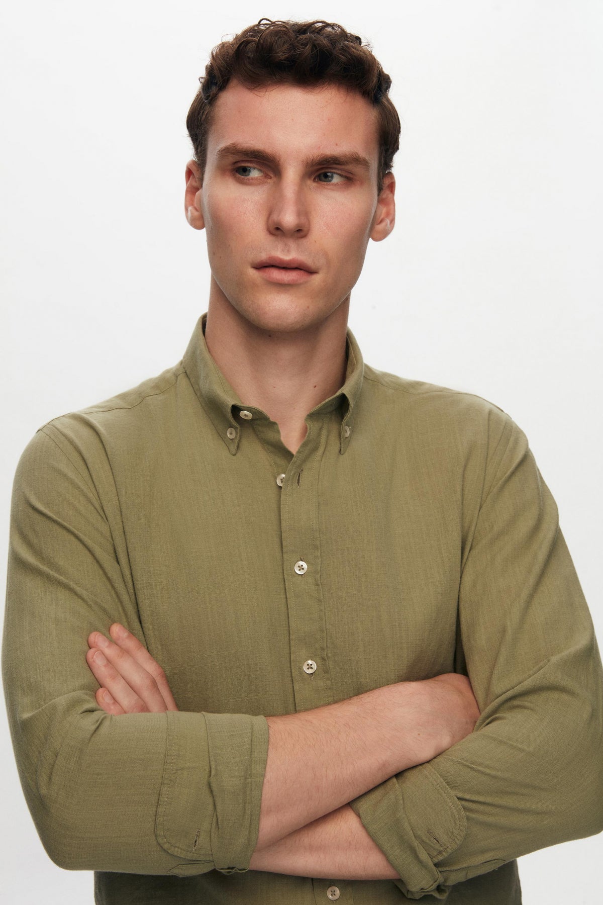 Ds Damat Slim Fit Button-Down 100% Cotton Summer Linen-Look Shirt  - Green