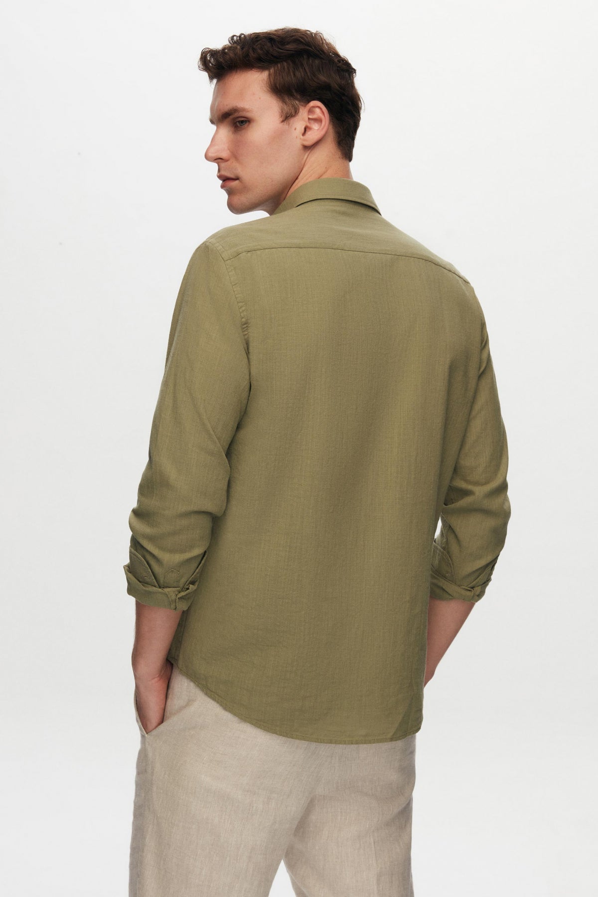 Ds Damat Slim Fit Button-Down 100% Cotton Summer Linen-Look Shirt  - Green