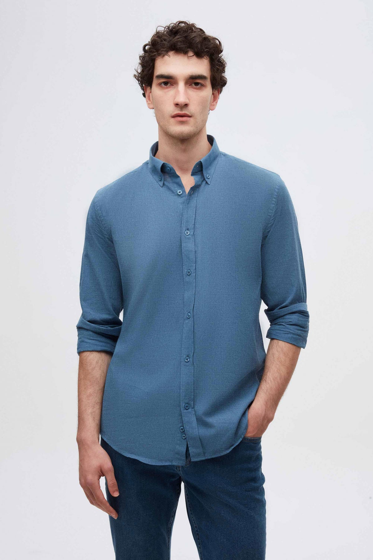 Ds Damat Slim Fit Button-Down 100% Cotton Summer Linen-Look Shirt  - Indigo