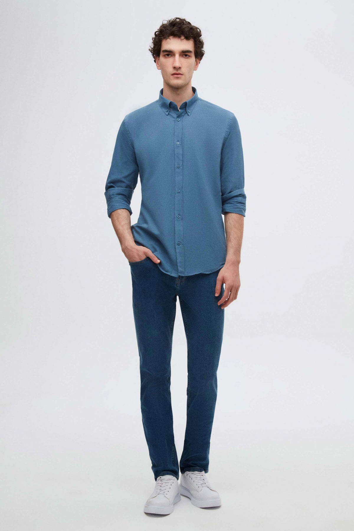 Ds Damat Slim Fit Button-Down 100% Cotton Summer Linen-Look Shirt  - Indigo
