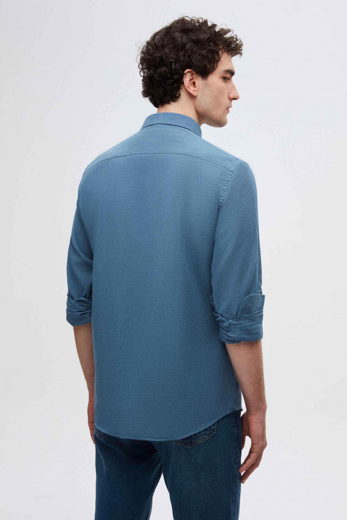 Ds Damat Slim Fit Button-Down 100% Cotton Summer Linen-Look Shirt  - Indigo