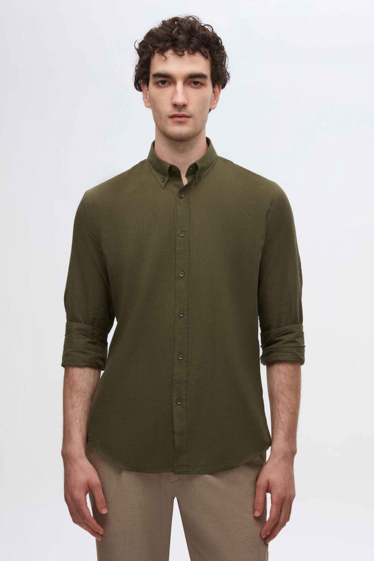 Ds Damat Slim Fit Button-Down 100% Cotton Summer Linen-Look Shirt  - Khaki