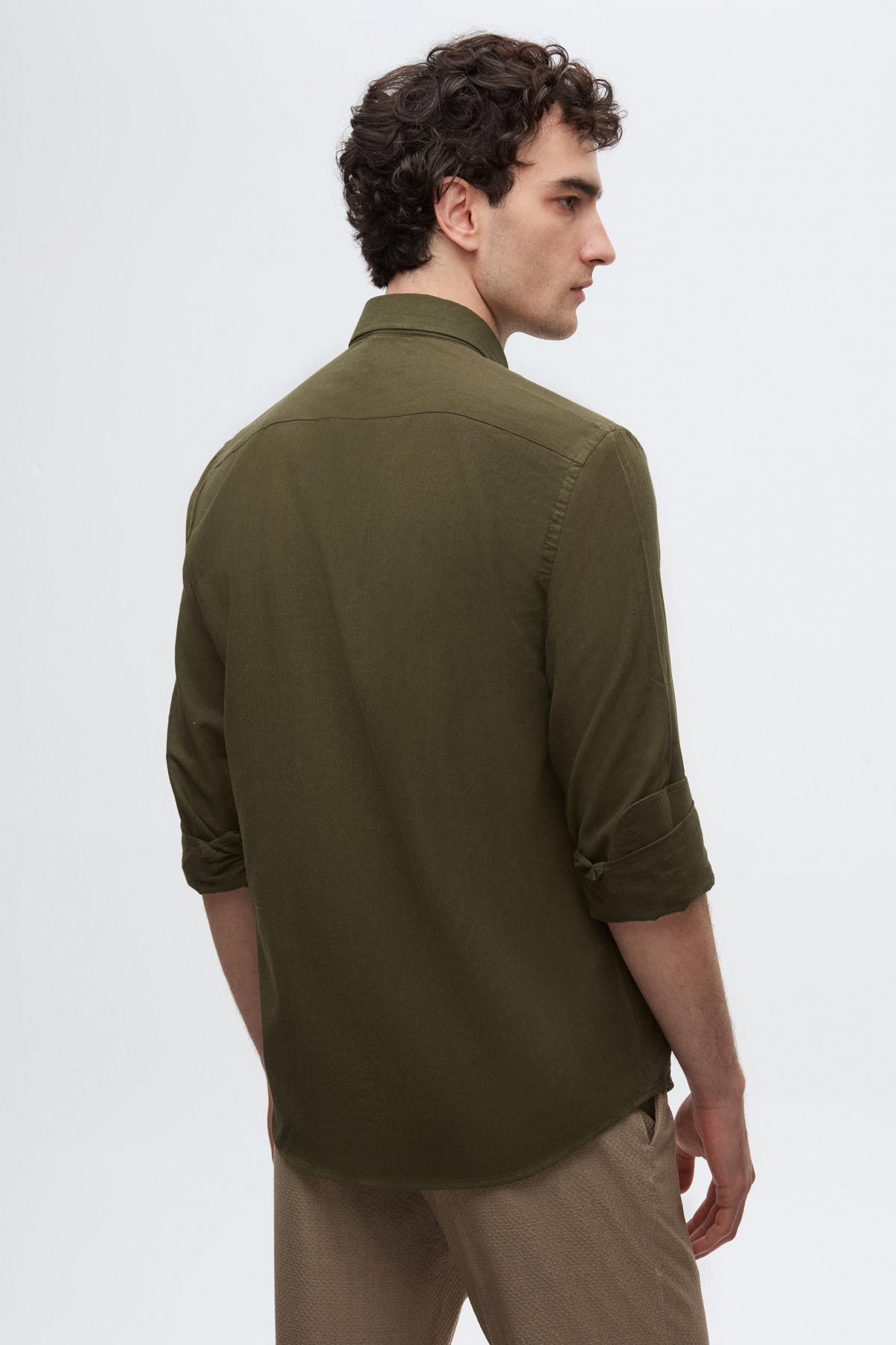 Ds Damat Slim Fit Button-Down 100% Cotton Summer Linen-Look Shirt  - Khaki