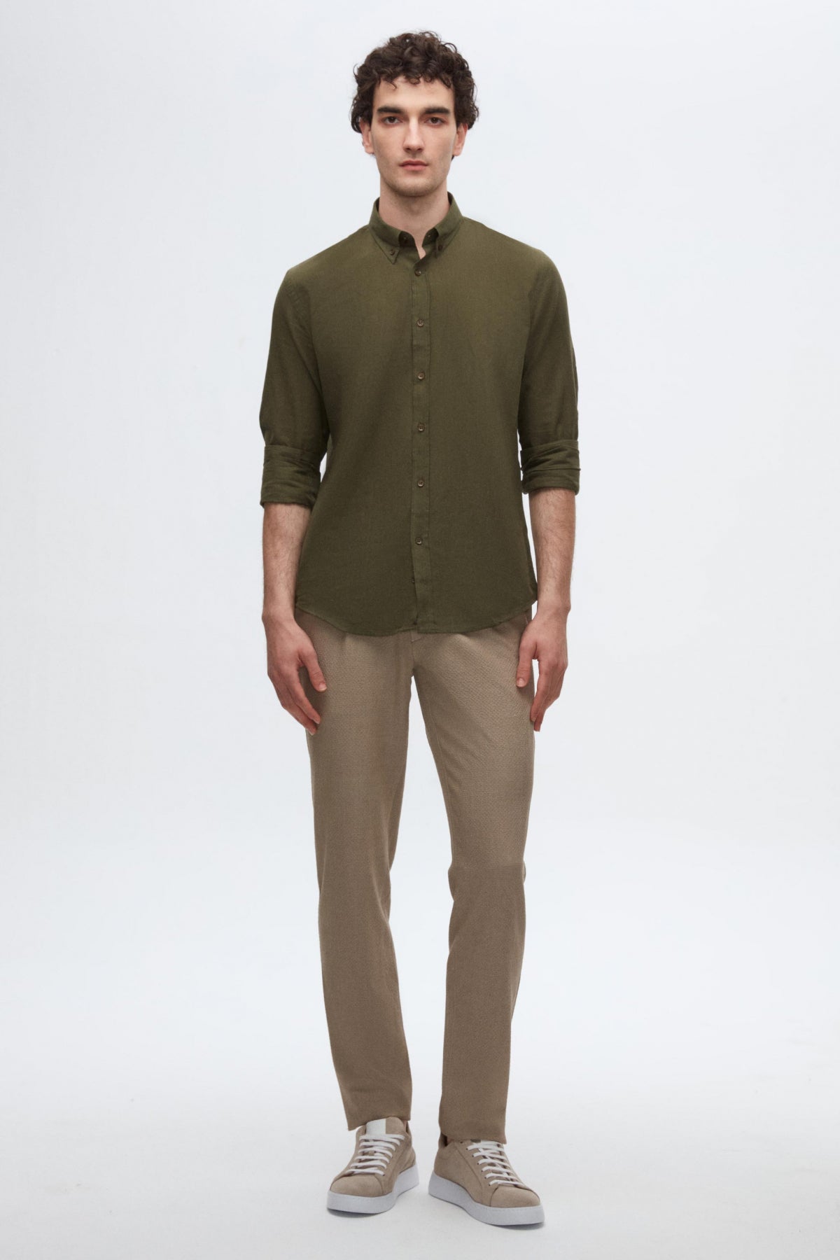 Ds Damat Slim Fit Button-Down 100% Cotton Summer Linen-Look Shirt  - Khaki