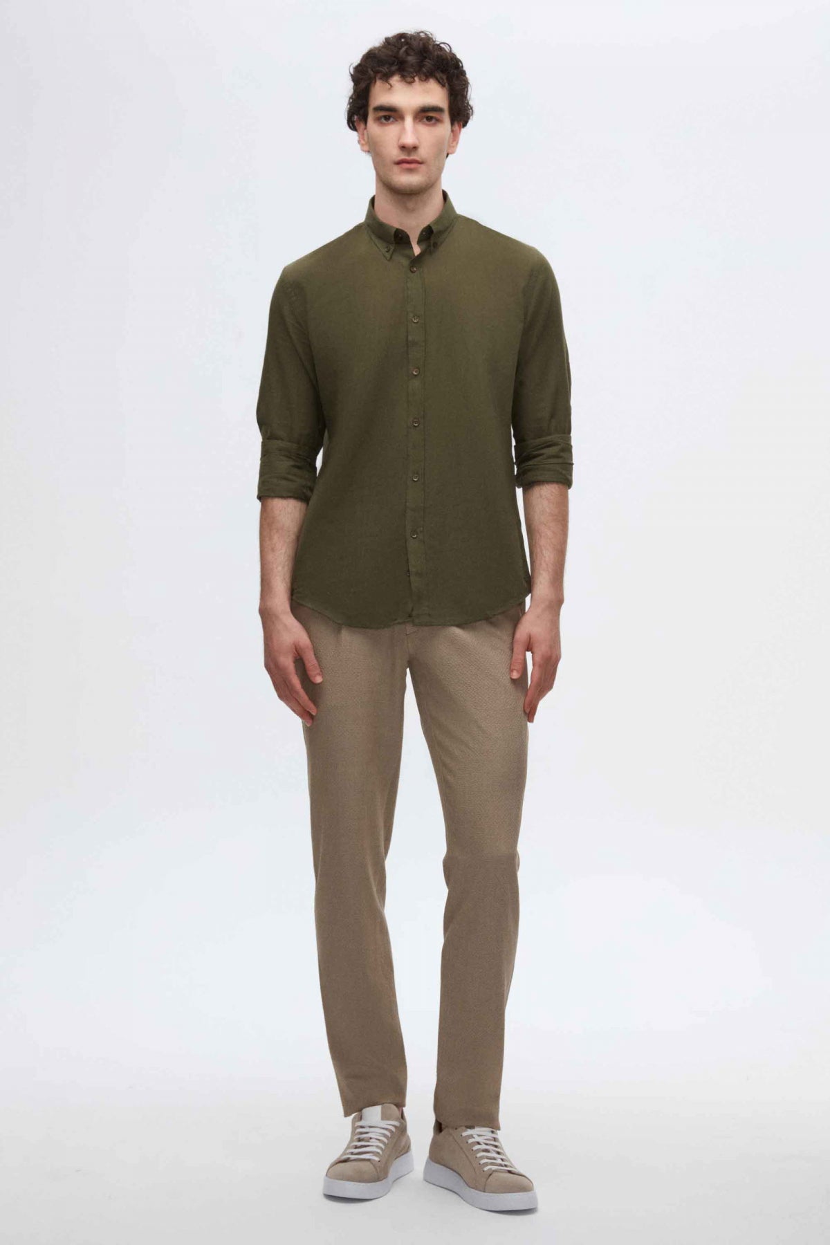 Ds Damat Slim Fit Button-Down 100% Cotton Summer Linen-Look Shirt  - Khaki