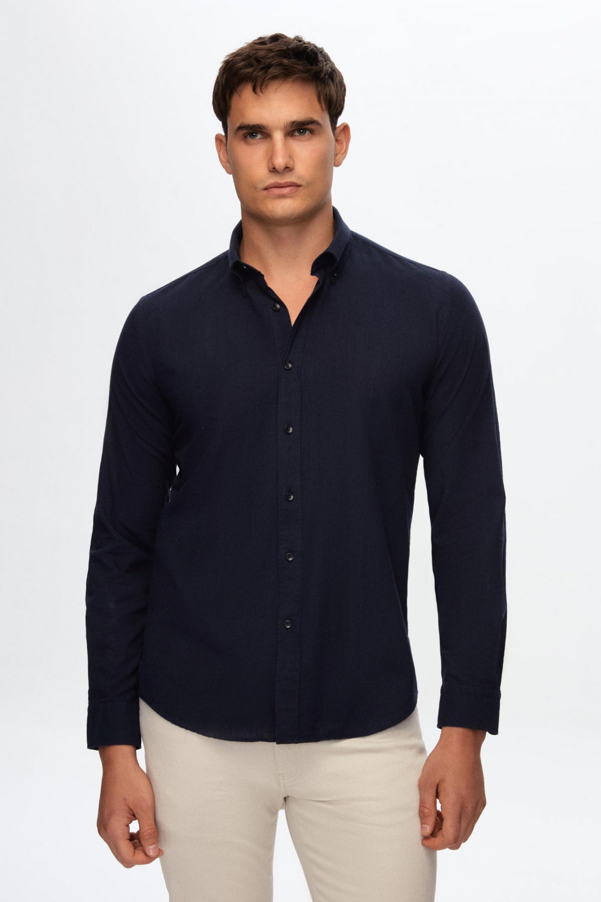 Ds Damat Slim Fit Button-Down 100% Cotton Summer Linen-Look Shirt  - Navy Blue