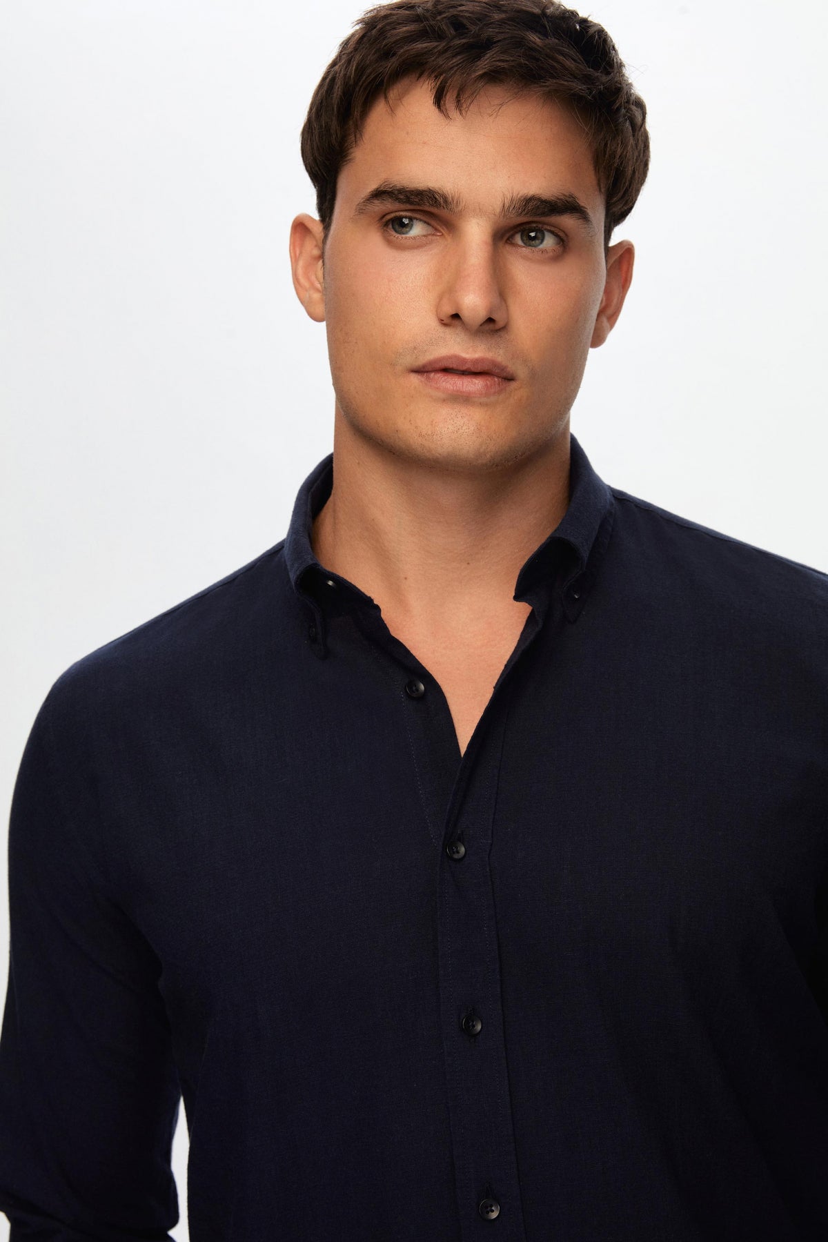 Ds Damat Slim Fit Button-Down 100% Cotton Summer Linen-Look Shirt  - Navy Blue