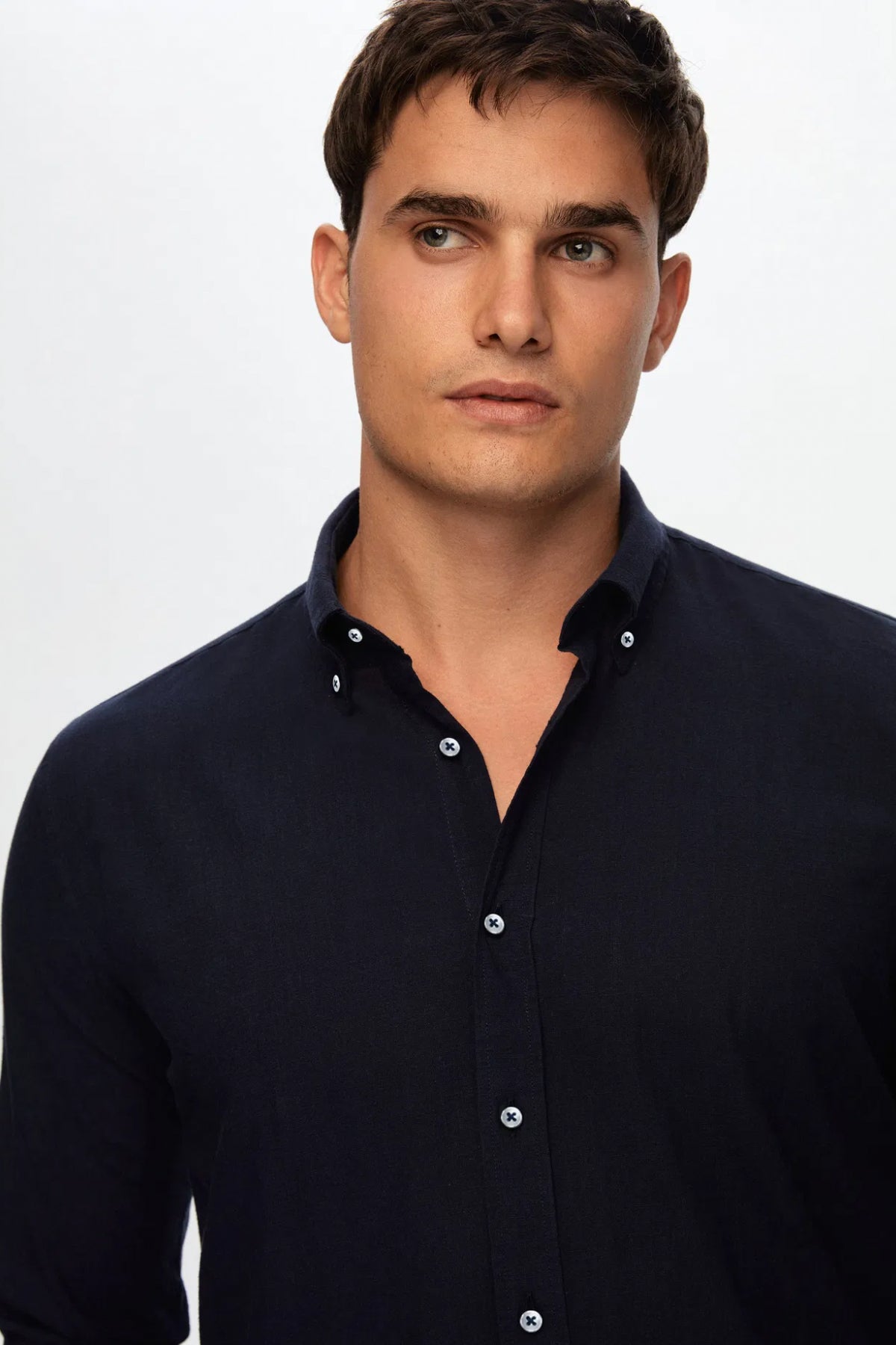 Ds Damat Slim Fit Button-Down 100% Cotton Summer Linen-Look Shirt  - Navy Blue