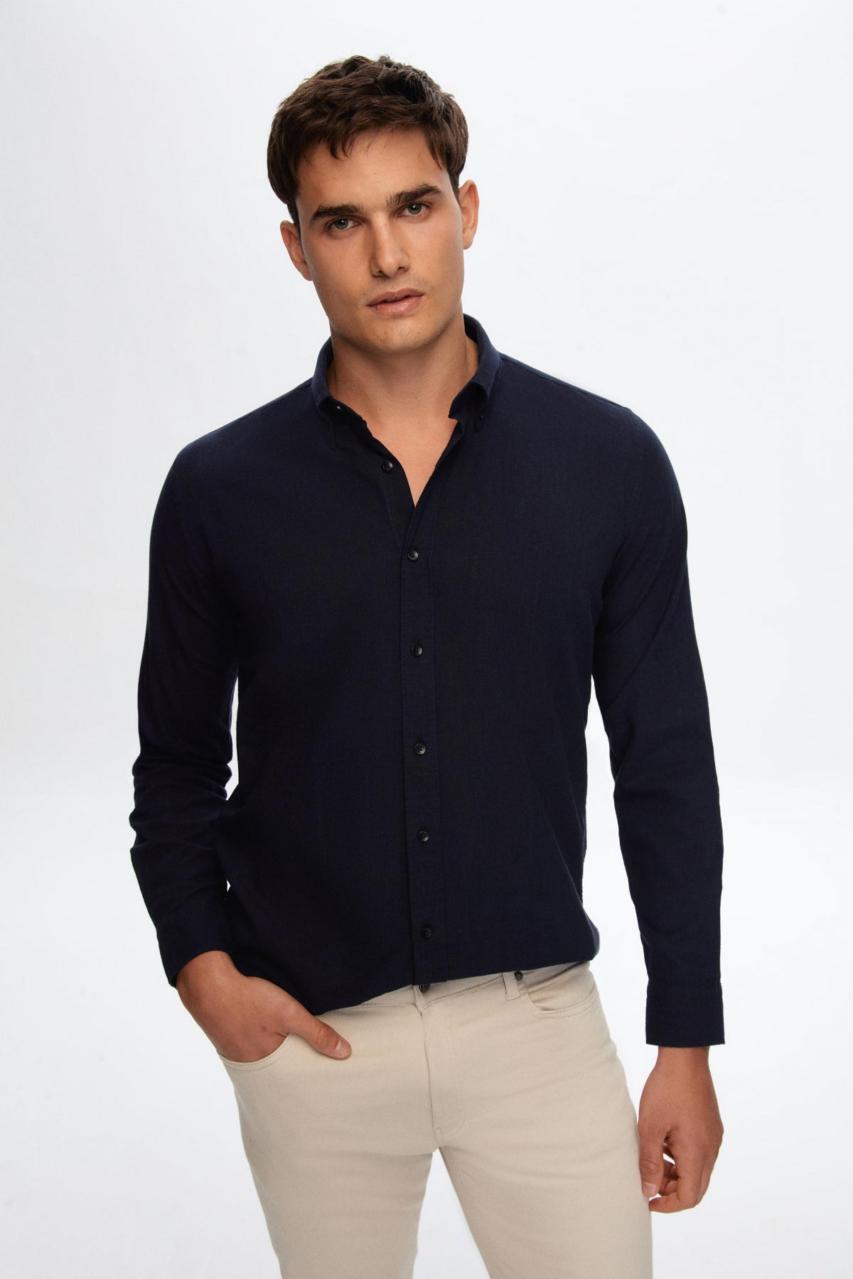 Ds Damat Slim Fit Button-Down 100% Cotton Summer Linen-Look Shirt  - Navy Blue
