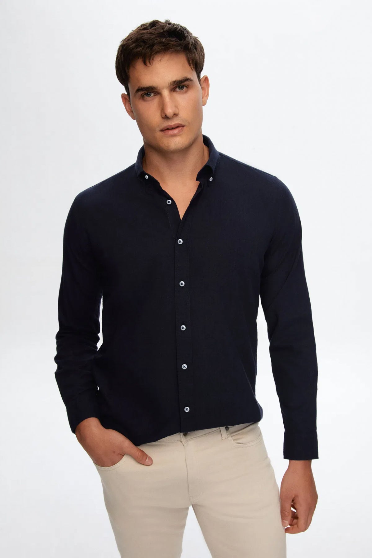 Ds Damat Slim Fit Button-Down 100% Cotton Summer Linen-Look Shirt  - Navy Blue
