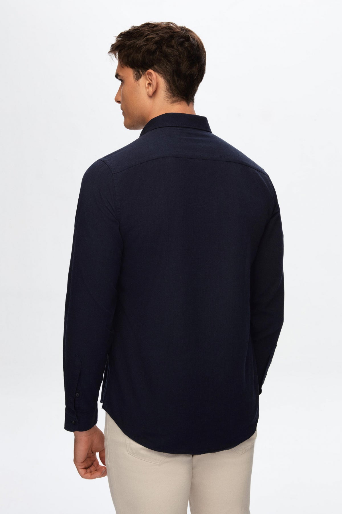 Ds Damat Slim Fit Button-Down 100% Cotton Summer Linen-Look Shirt  - Navy Blue