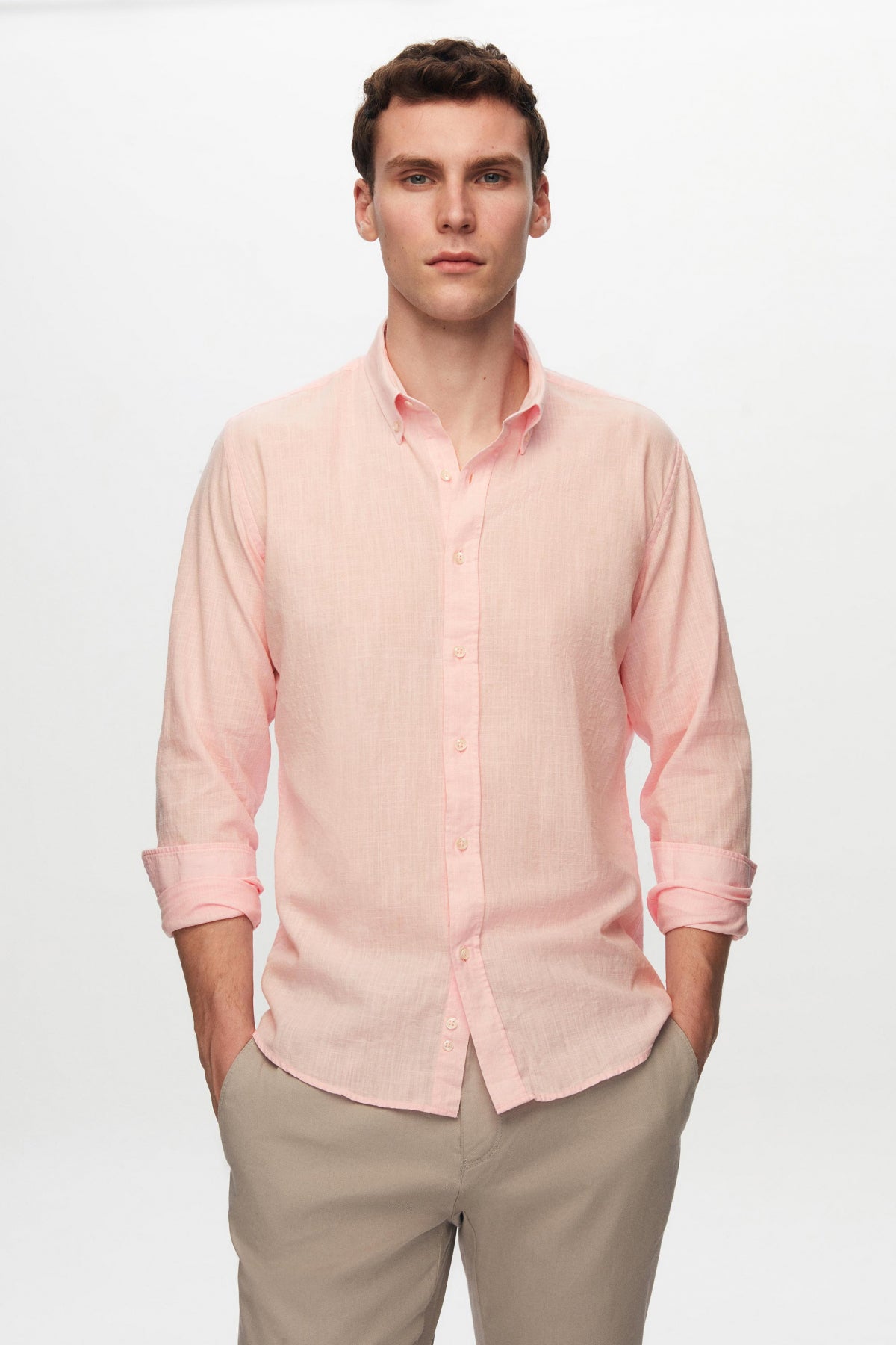 Ds Damat Slim Fit Button-Down 100% Cotton Summer Linen-Look Shirt  - Pink