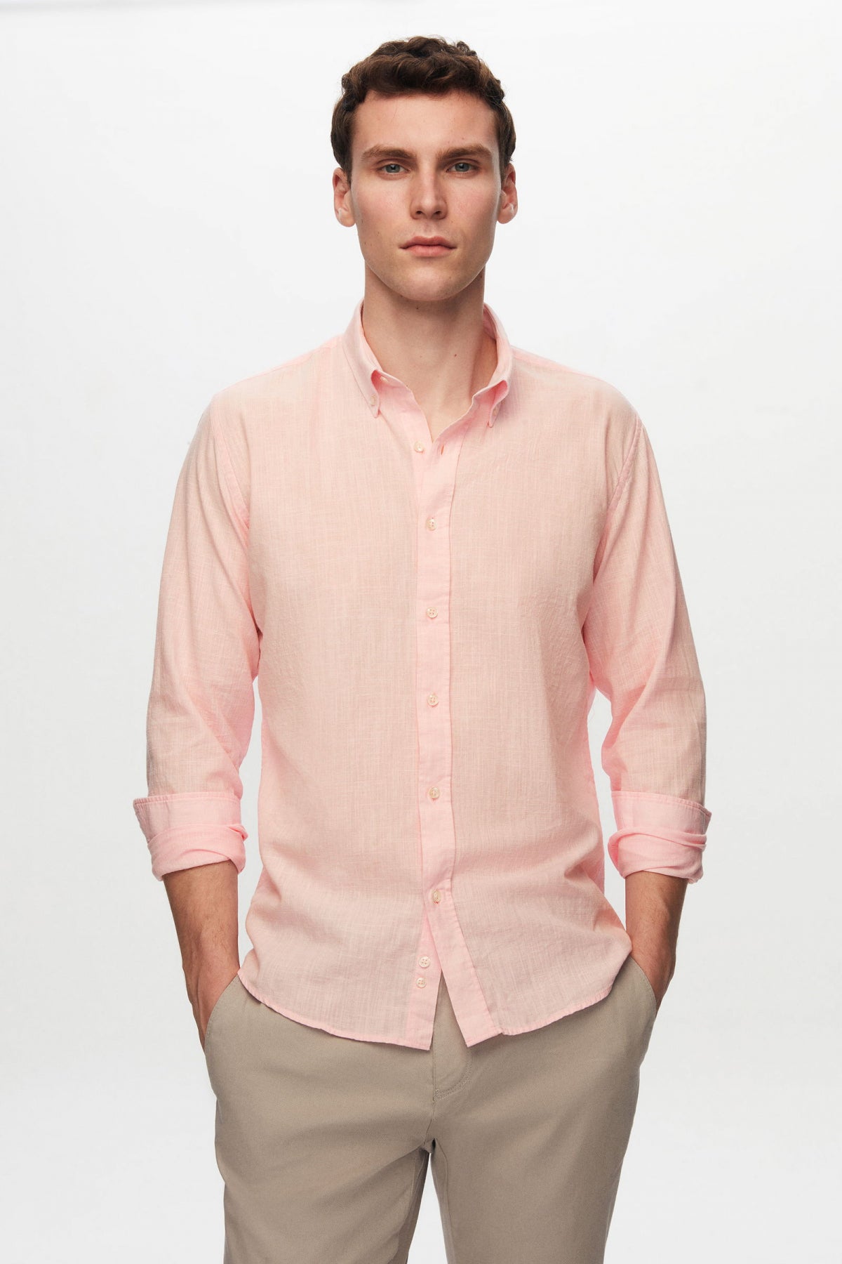 Ds Damat Slim Fit Button-Down 100% Cotton Summer Linen-Look Shirt  - Pink