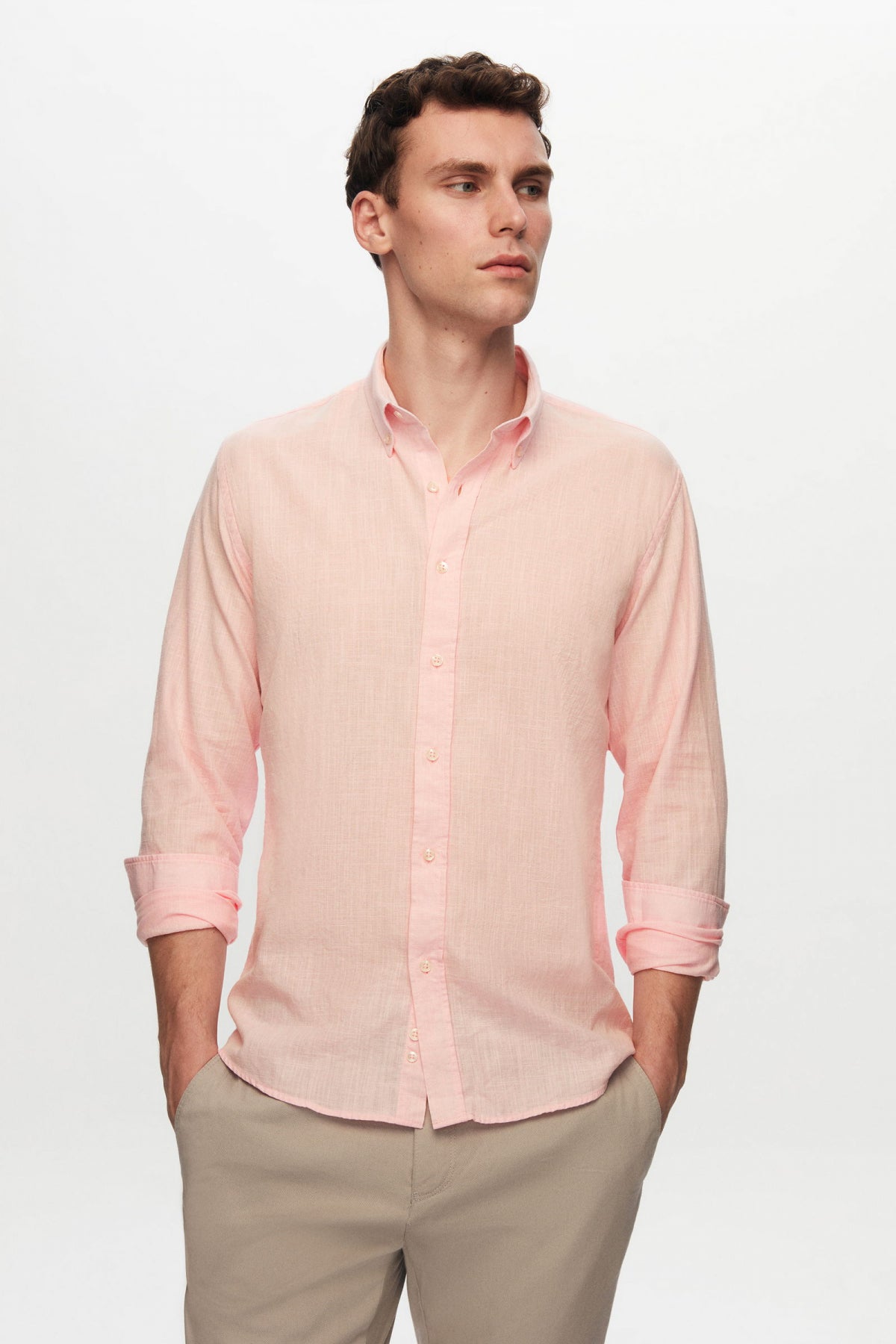 Ds Damat Slim Fit Button-Down 100% Cotton Summer Linen-Look Shirt  - Pink