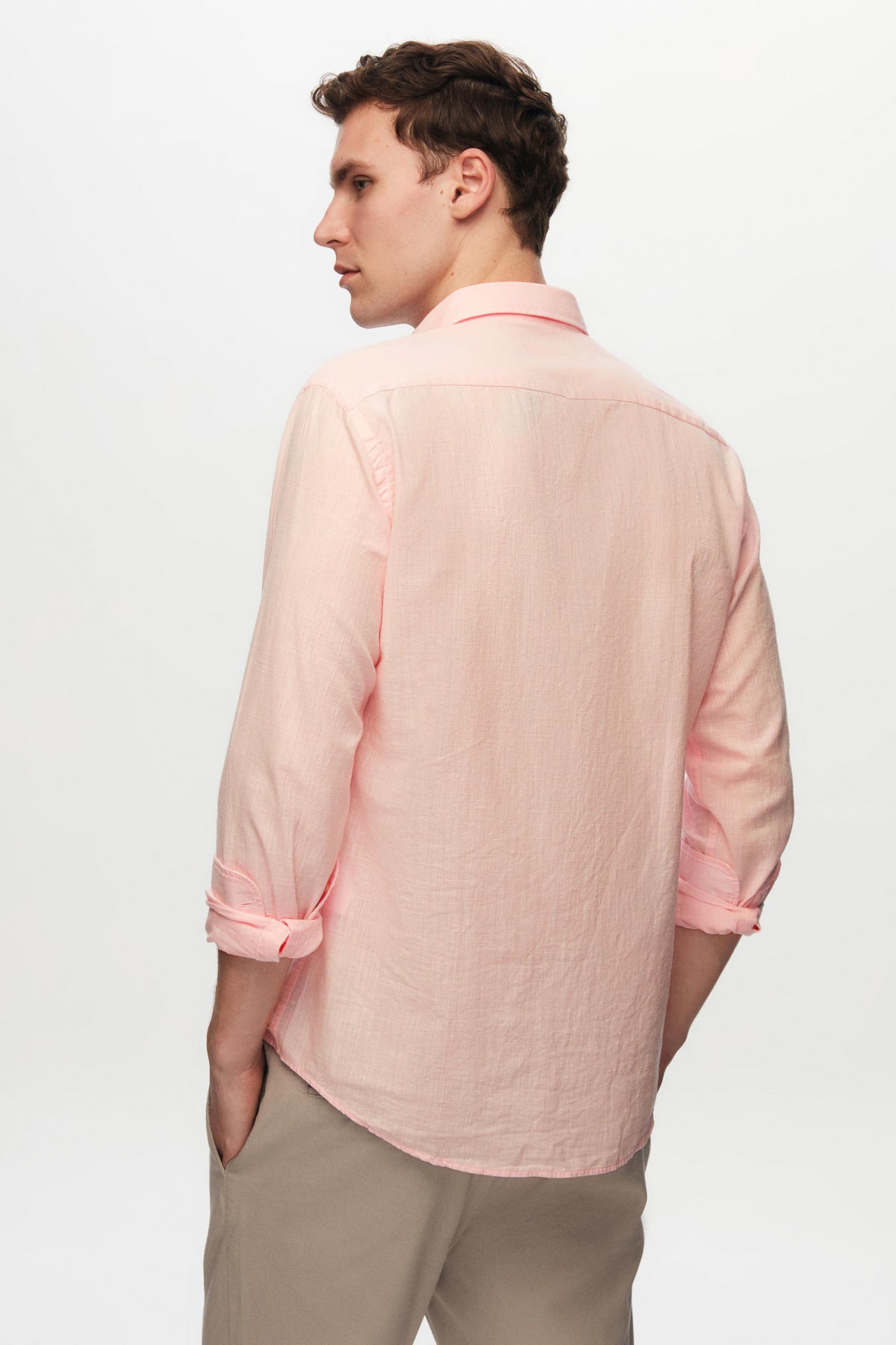 Ds Damat Slim Fit Button-Down 100% Cotton Summer Linen-Look Shirt  - Pink