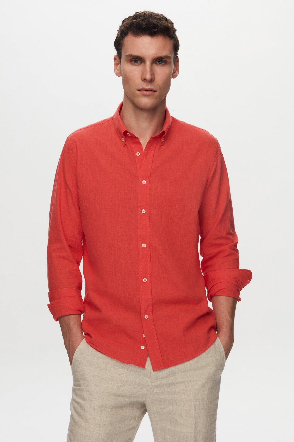 Ds Damat Slim Fit Button-Down 100% Cotton Summer Linen-Look Shirt  - Pomegranate