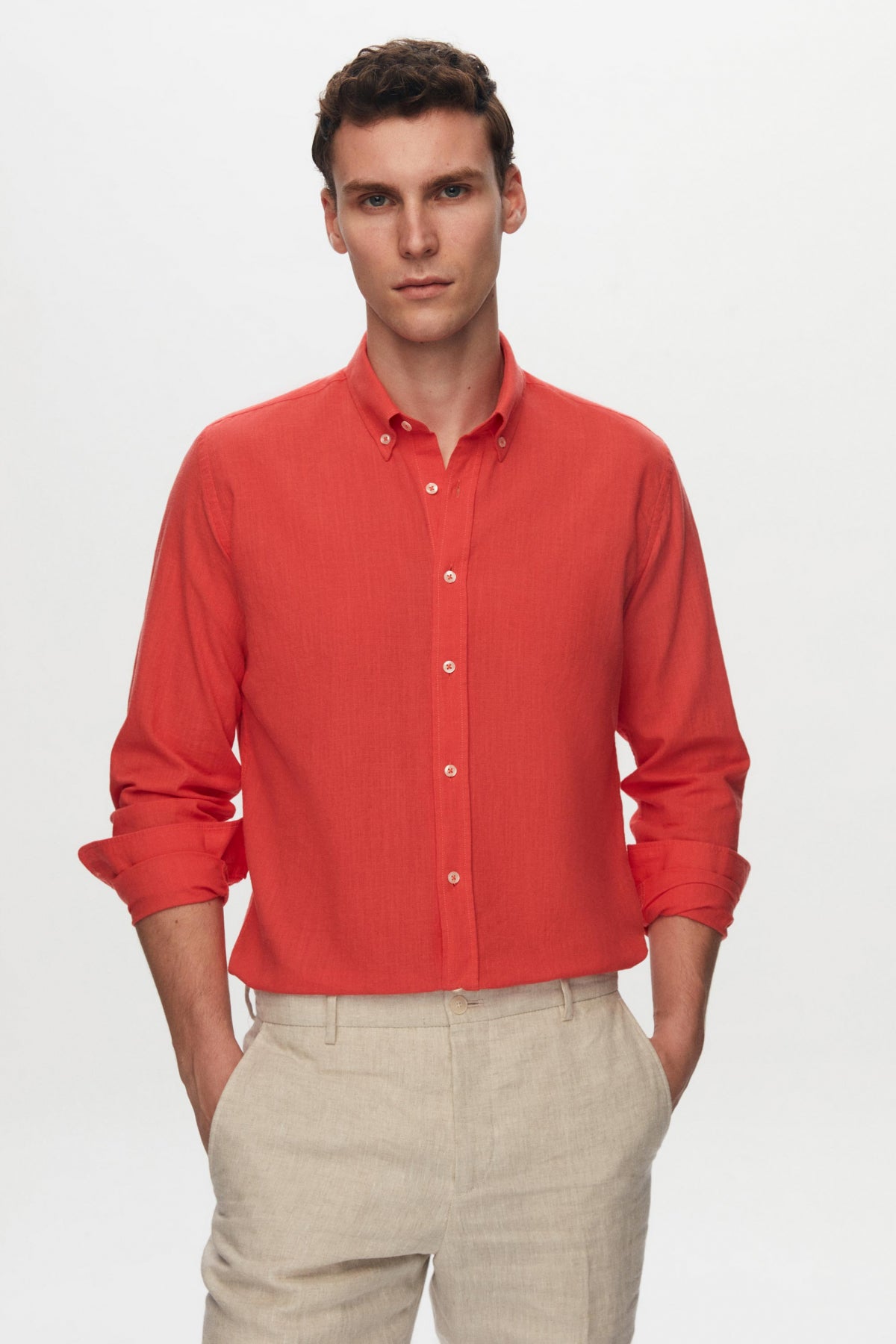 Ds Damat Slim Fit Button-Down 100% Cotton Summer Linen-Look Shirt  - Pomegranate