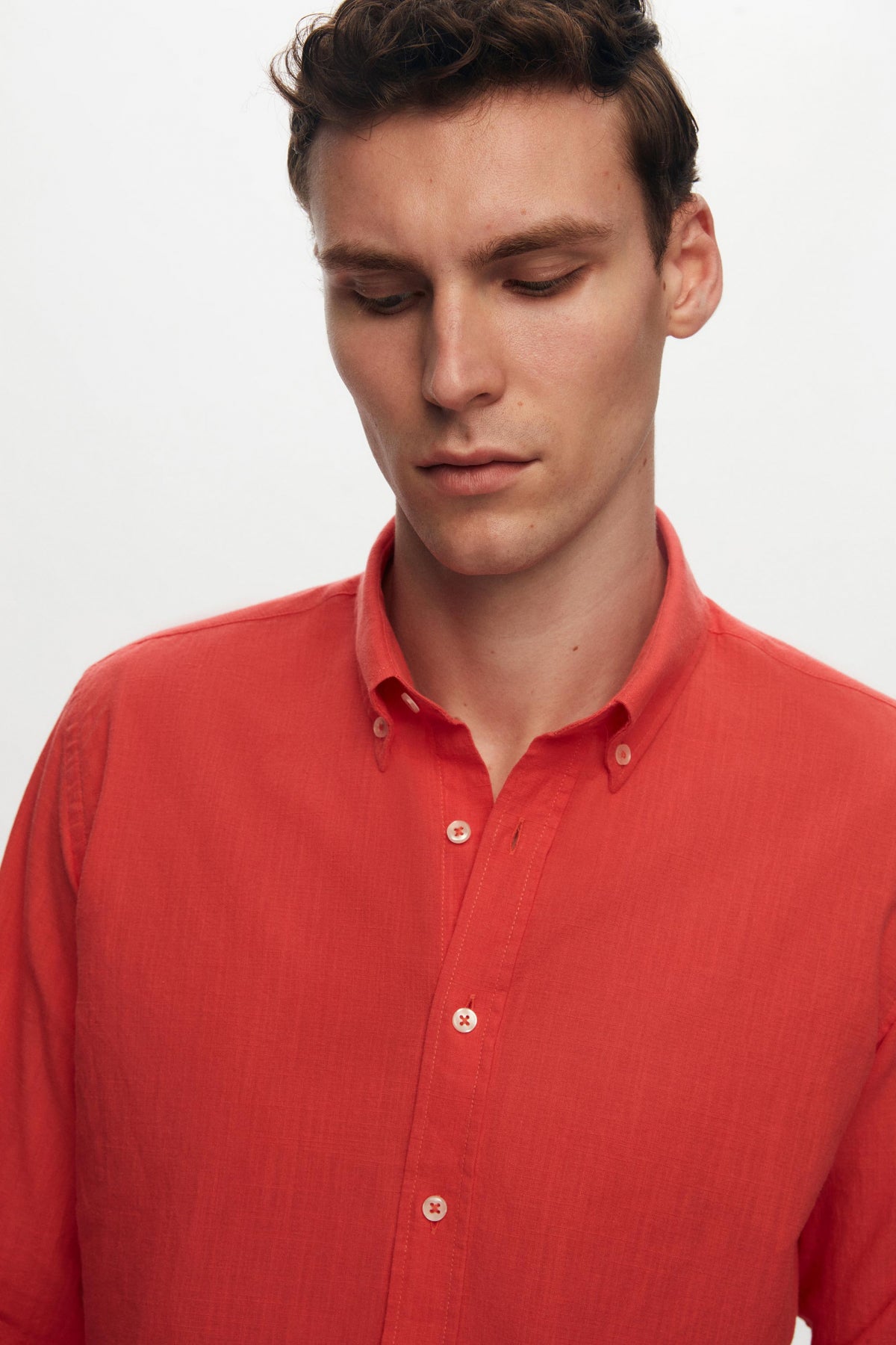 Ds Damat Slim Fit Button-Down 100% Cotton Summer Linen-Look Shirt  - Pomegranate
