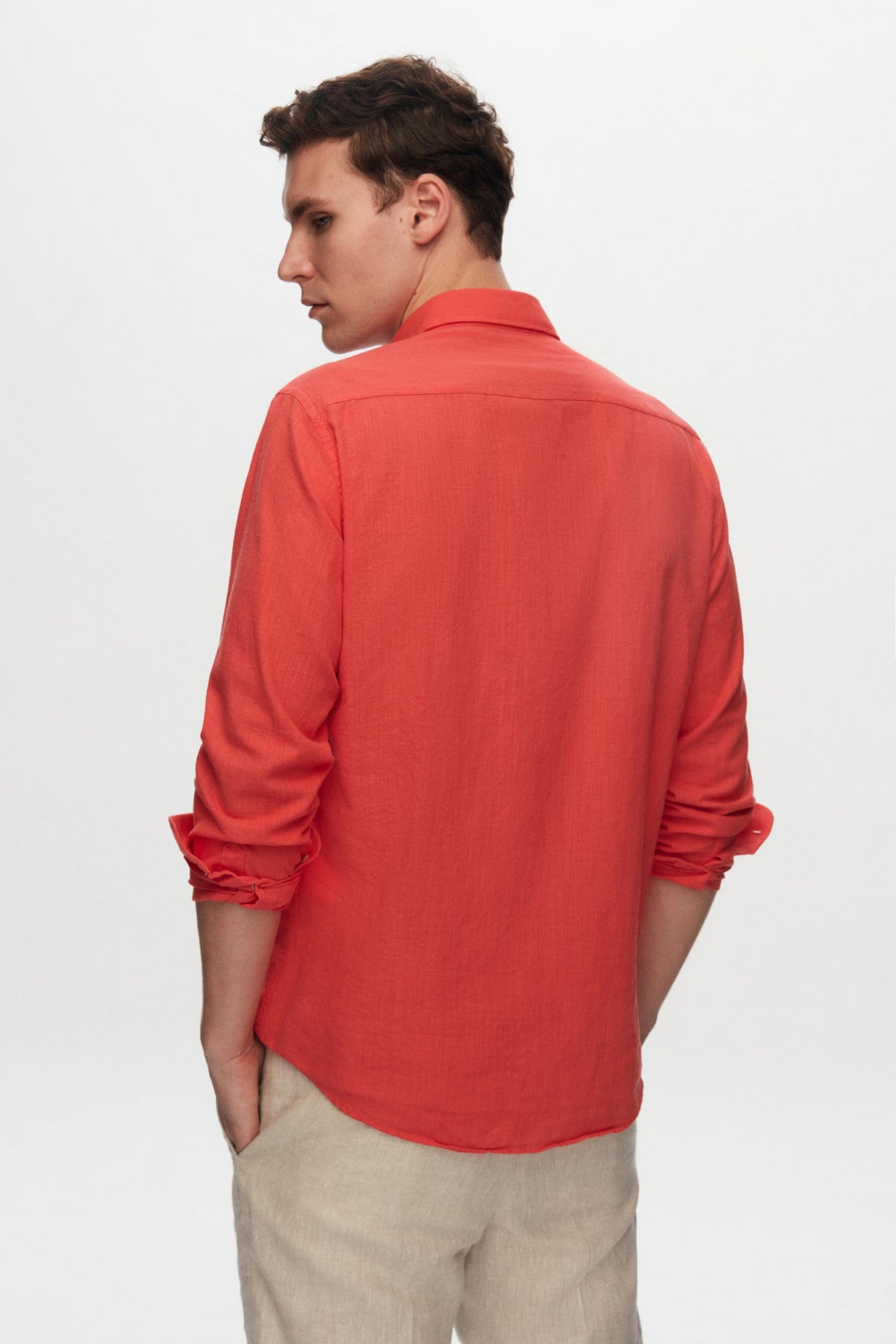 Ds Damat Slim Fit Button-Down 100% Cotton Summer Linen-Look Shirt  - Pomegranate