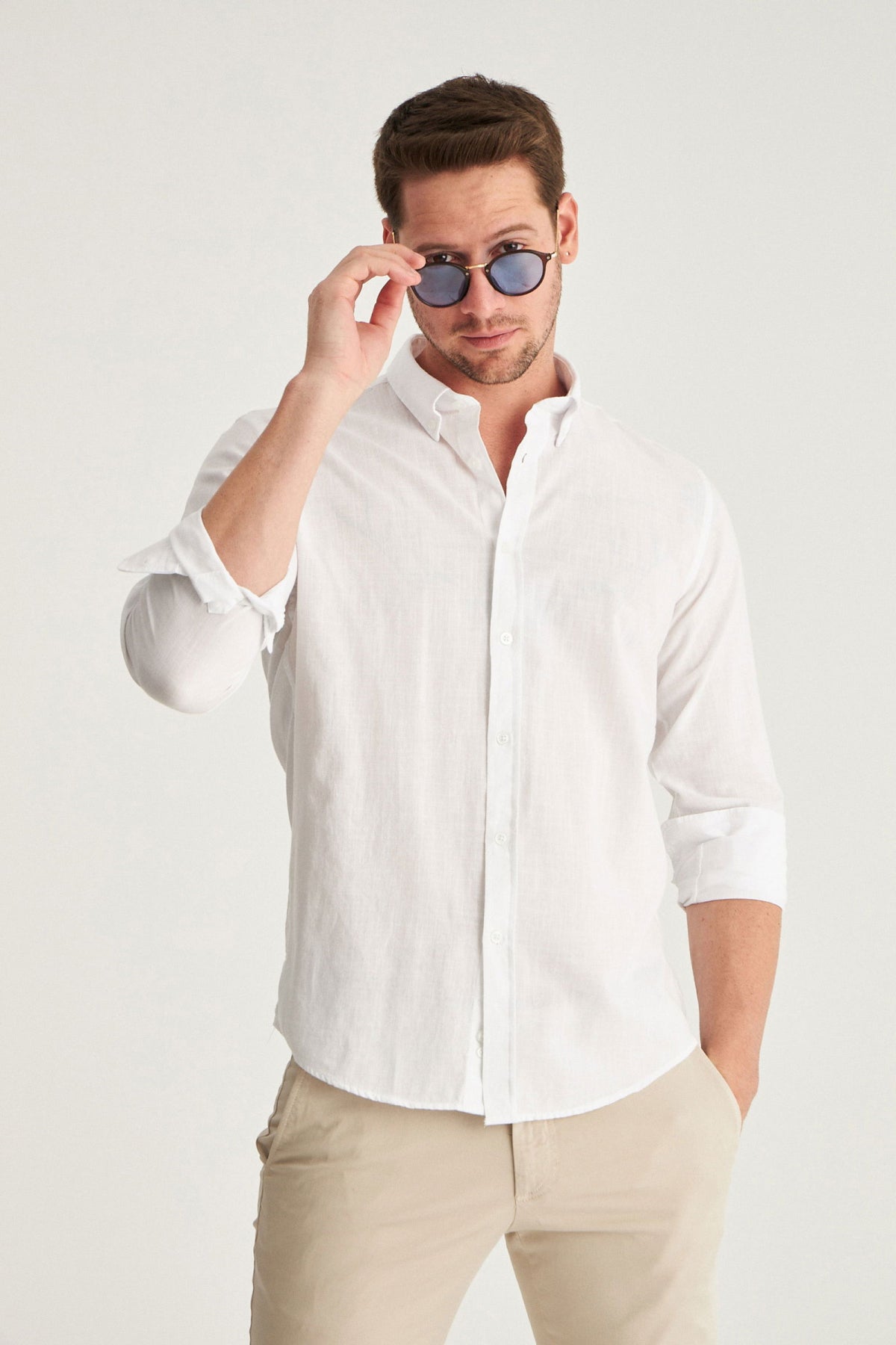 Ds Damat Slim Fit Button-Down 100% Cotton Summer Linen-Look Shirt  - White