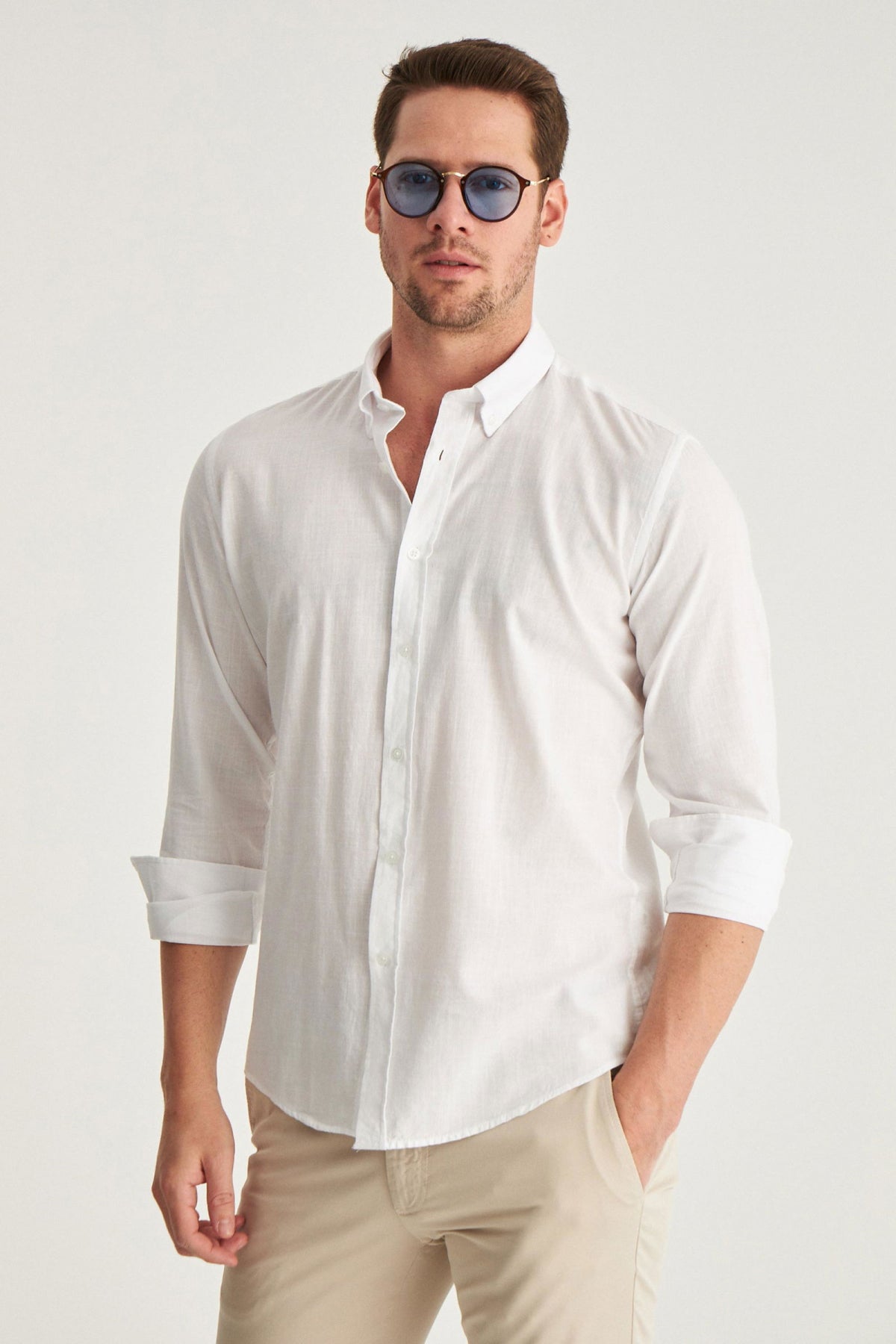 Ds Damat Slim Fit Button-Down 100% Cotton Summer Linen-Look Shirt  - White
