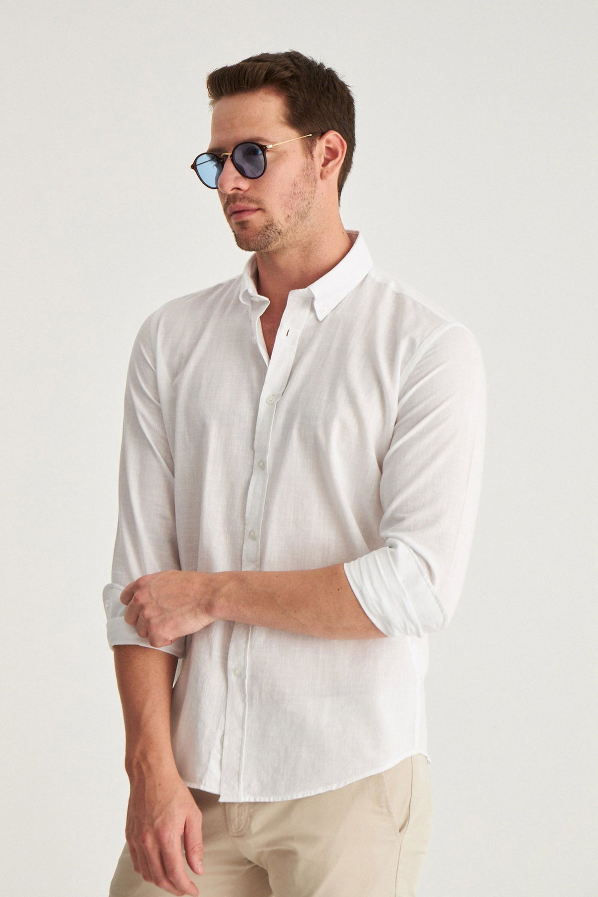 Ds Damat Slim Fit Button-Down 100% Cotton Summer Linen-Look Shirt  - White