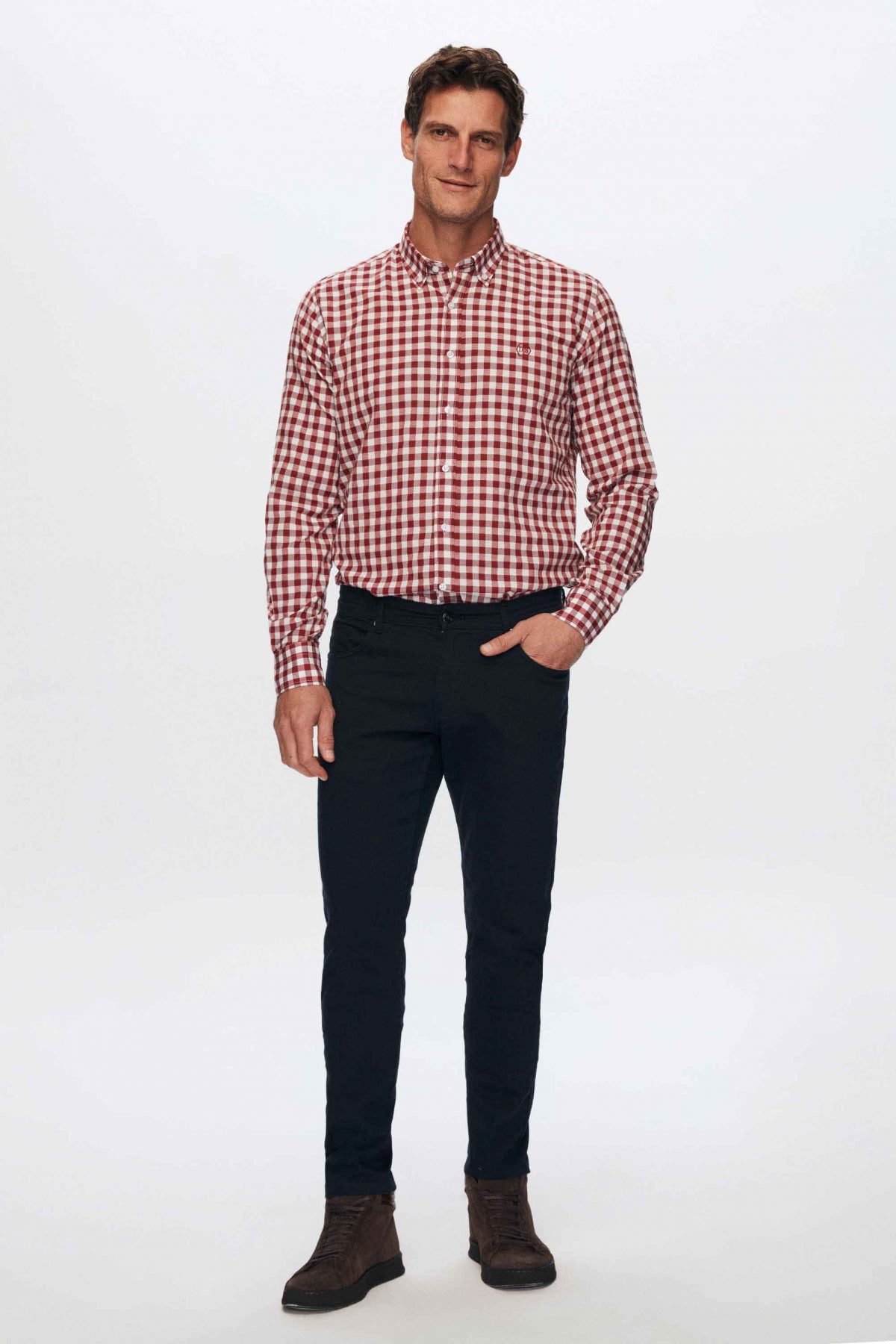 Ds Damat Slim Fit Checkered Plaid Shirt  - Burgundy