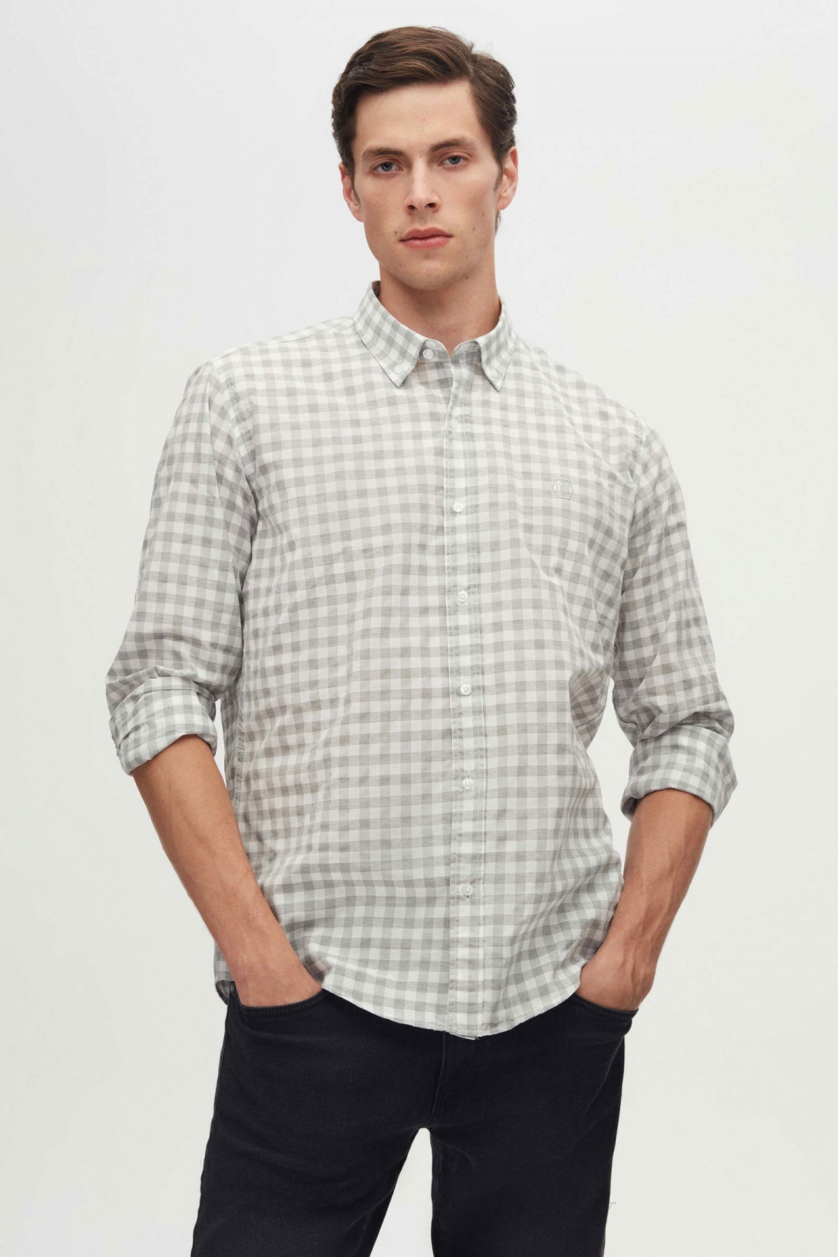 Ds Damat Slim Fit Checkered Plaid Shirt  - Gray