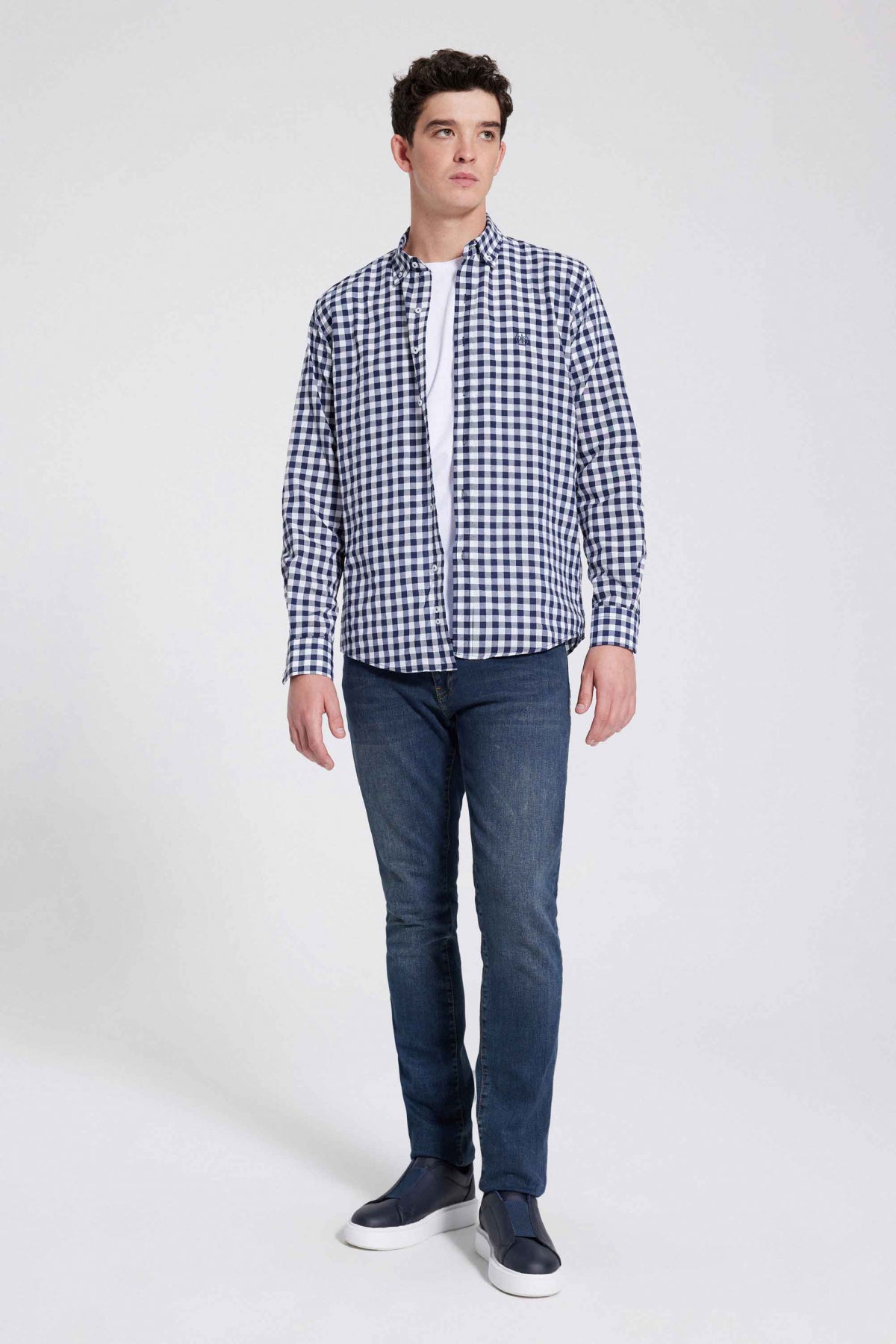 Ds Damat Slim Fit Checkered Plaid Shirt  - Navy Blue