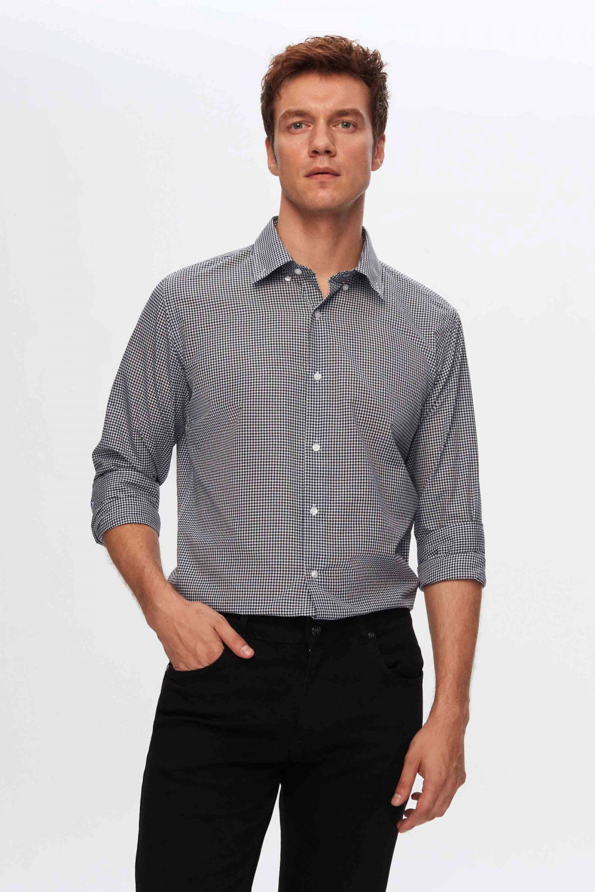 Ds Damat Slim Fit Checkered Shirt  - Navy Blue