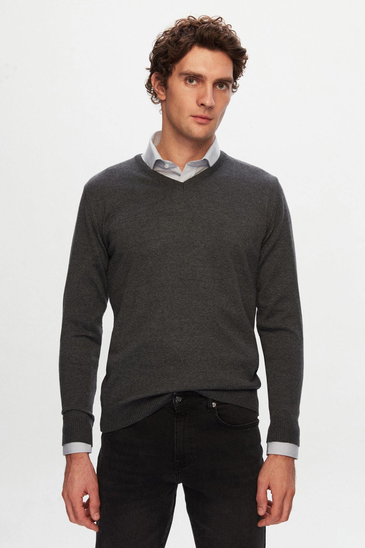 Ds Damat Slim Fit Cotton Blend 2-Pack V-Neck Sweater and Shirt  - Anthracite